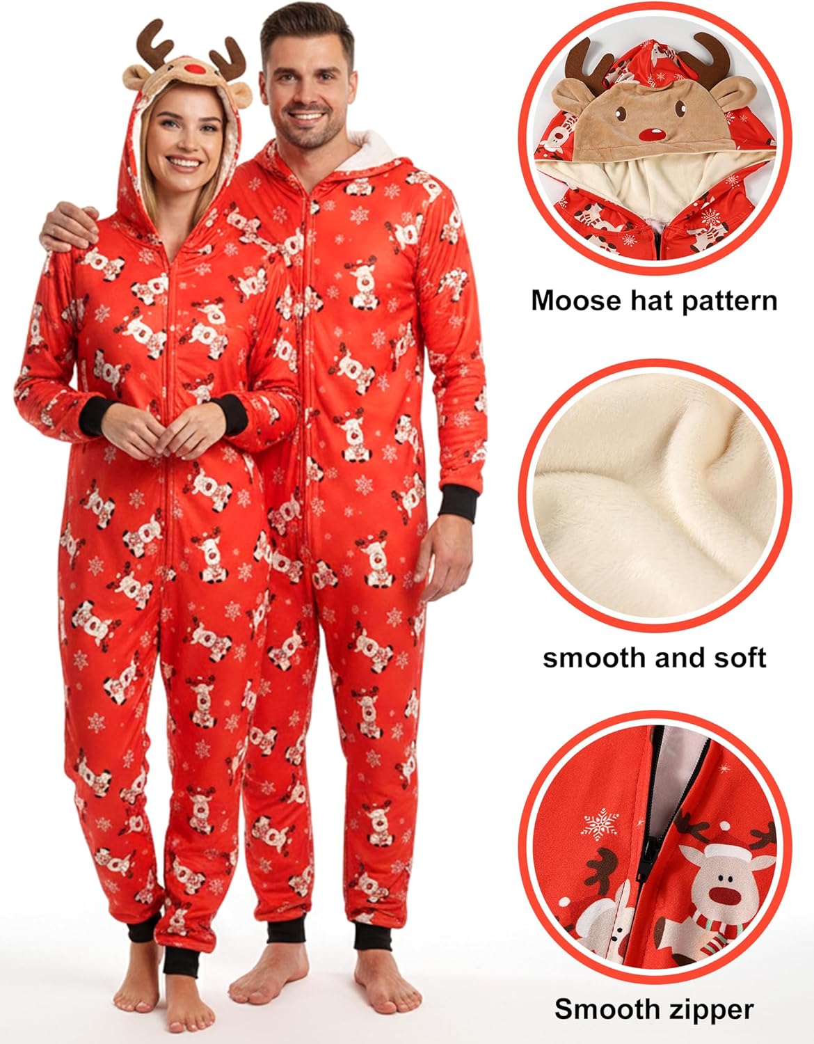BFONS Christmas Pajamas for Couples Matching Onesie Adult, Long Sleeve Zipper Hoodie Reindeer Family Set for Women - Image 4