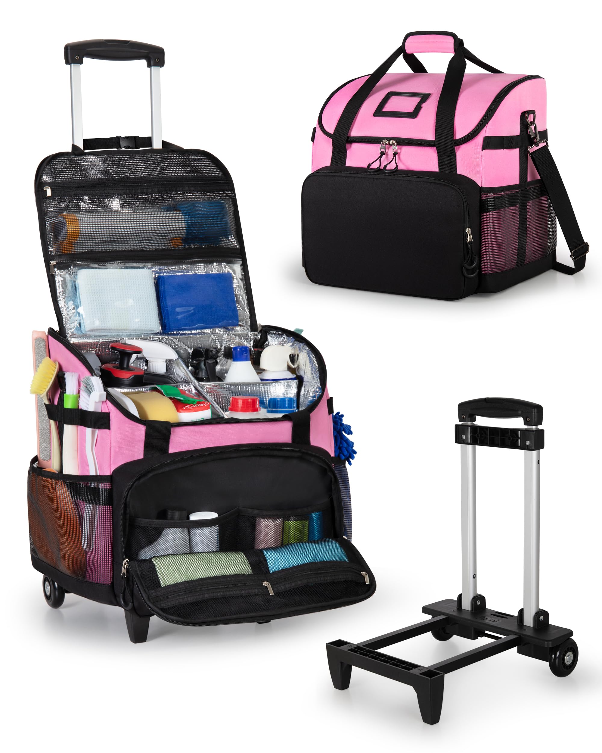 Marscamd Large Rolling Cleaning Caddy Bag with Detachable Trolley, Pink