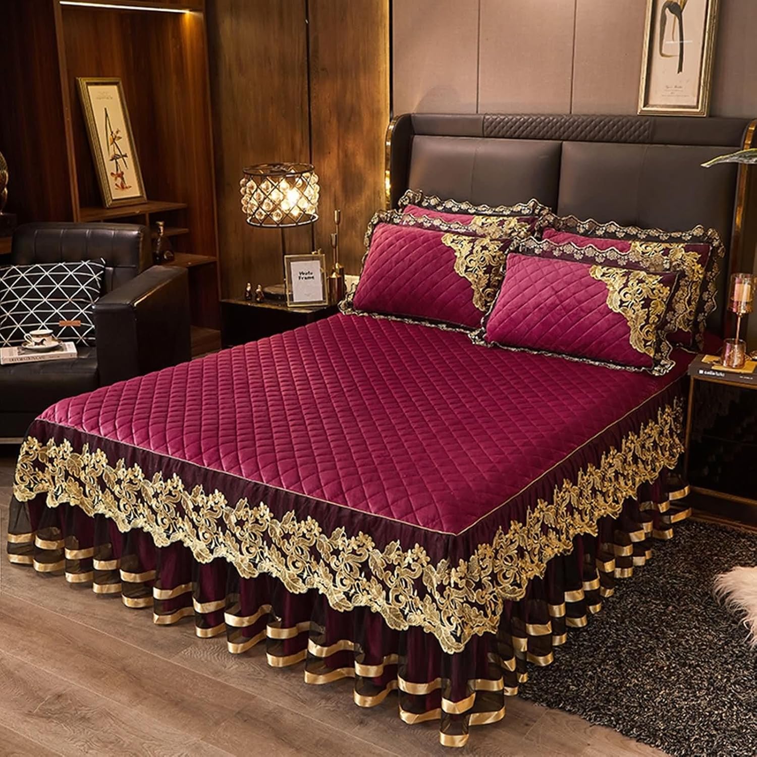 Bed Sheets King XL Size, Wine Red Fitted Sheet with Bed Skirt 1 Piece Solid Color Rhombus Textured with Flowers Leaves Embroidered Lace Polyester Bedsheet Bedding, Wine Red, 79"x 87"