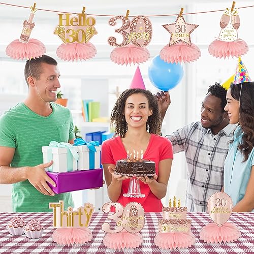 Miniatura 76 de Centros de mesa de cumpleaños de color oro rosa rosa para mujeres y niñas, 8 piezas de centros de mesa de feliz cumpleaños, suministros de fiesta