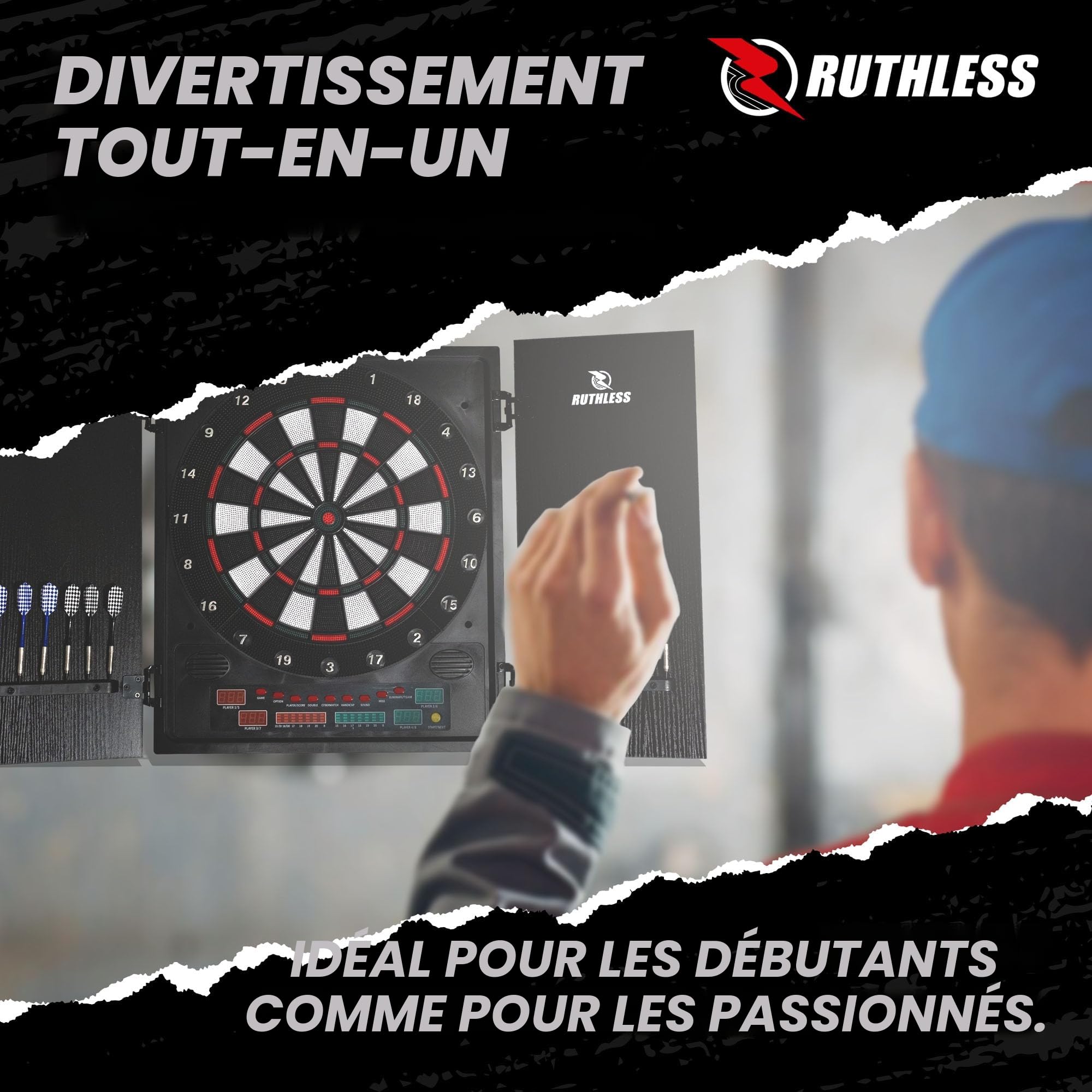 Ruthless - Ruthless R500 Tableau de fléchettes électronique dans le meuble – pointe souple – 4 sets de fléchettes inclus – 8 joueurs – 27 jeux