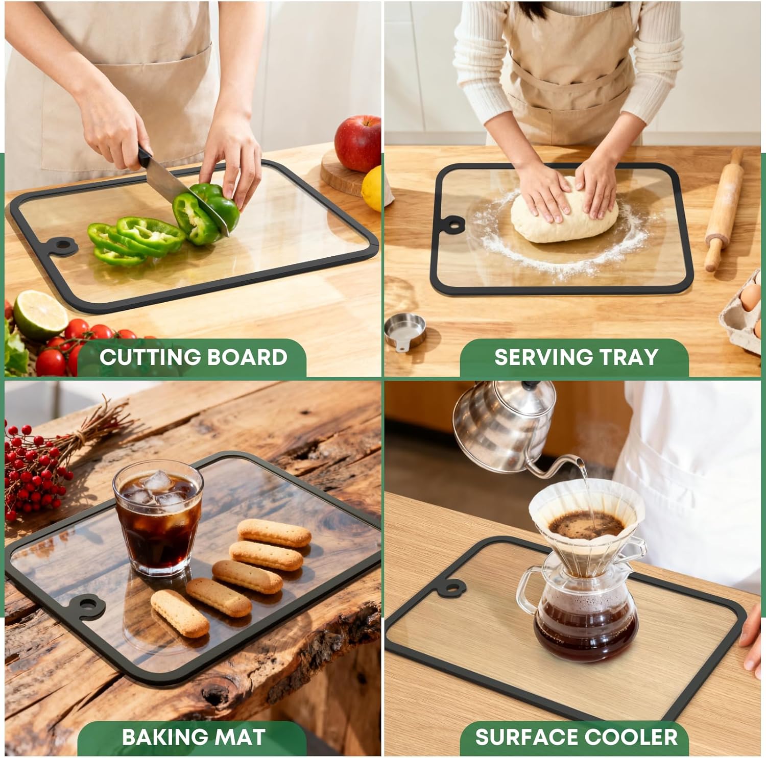 Dishwasher Safe Tempered Glass Cutting Boards for Kitchen Counter, 3pcs Clear Cutting Board for Countertop with Non-Slip Edges & Hanging Hole, Heat Resistant, Non Toxic, Scratch Resistant (Black)