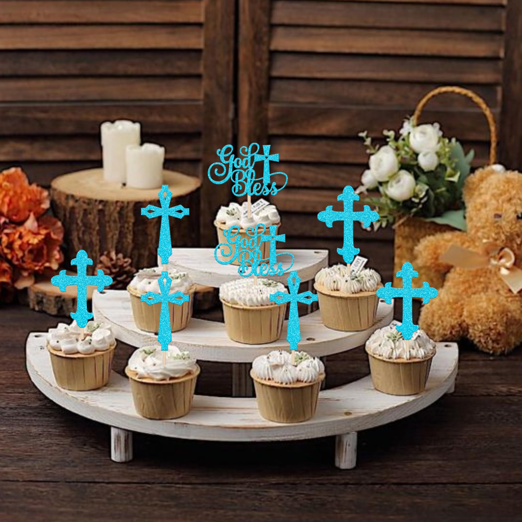 SYKYCTCY 24 Pack God Bless Cupcake Toppers Glitter Christianity Cross Cupcake Picks for Religious Baptism First Holy Communion Cake Decorations Supplies Blue - Image 4