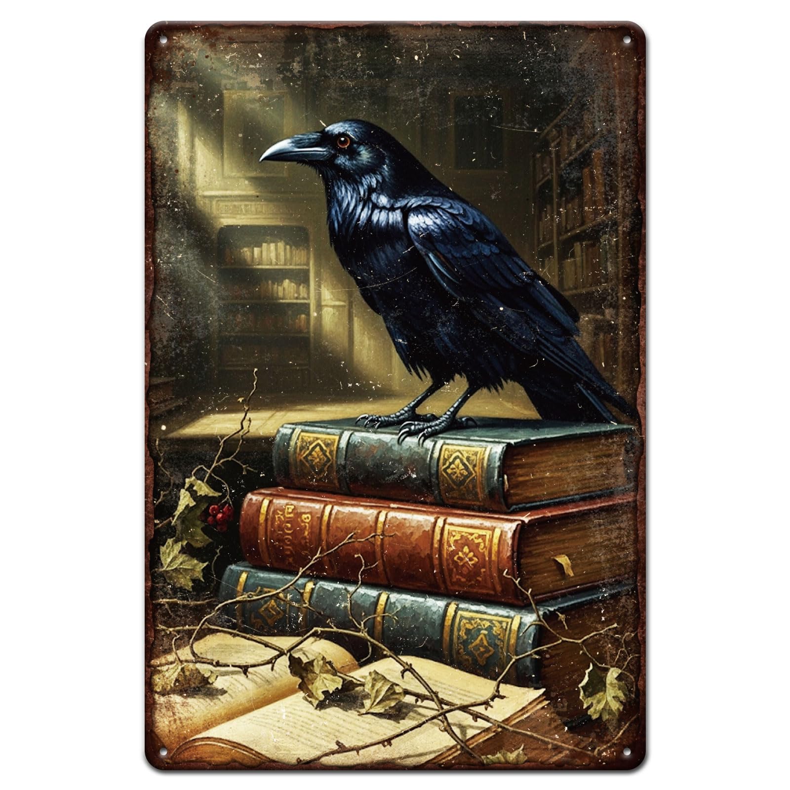 GLOBLELAND Vintage Crow Book Metal Tin Sign 12x8inch Magic Books Tin Signage Decor Signs Retro Branches Halloween Wall Metal Plaque for Home Rooms Cafes Club Gym Shop Store Decoration — image 1