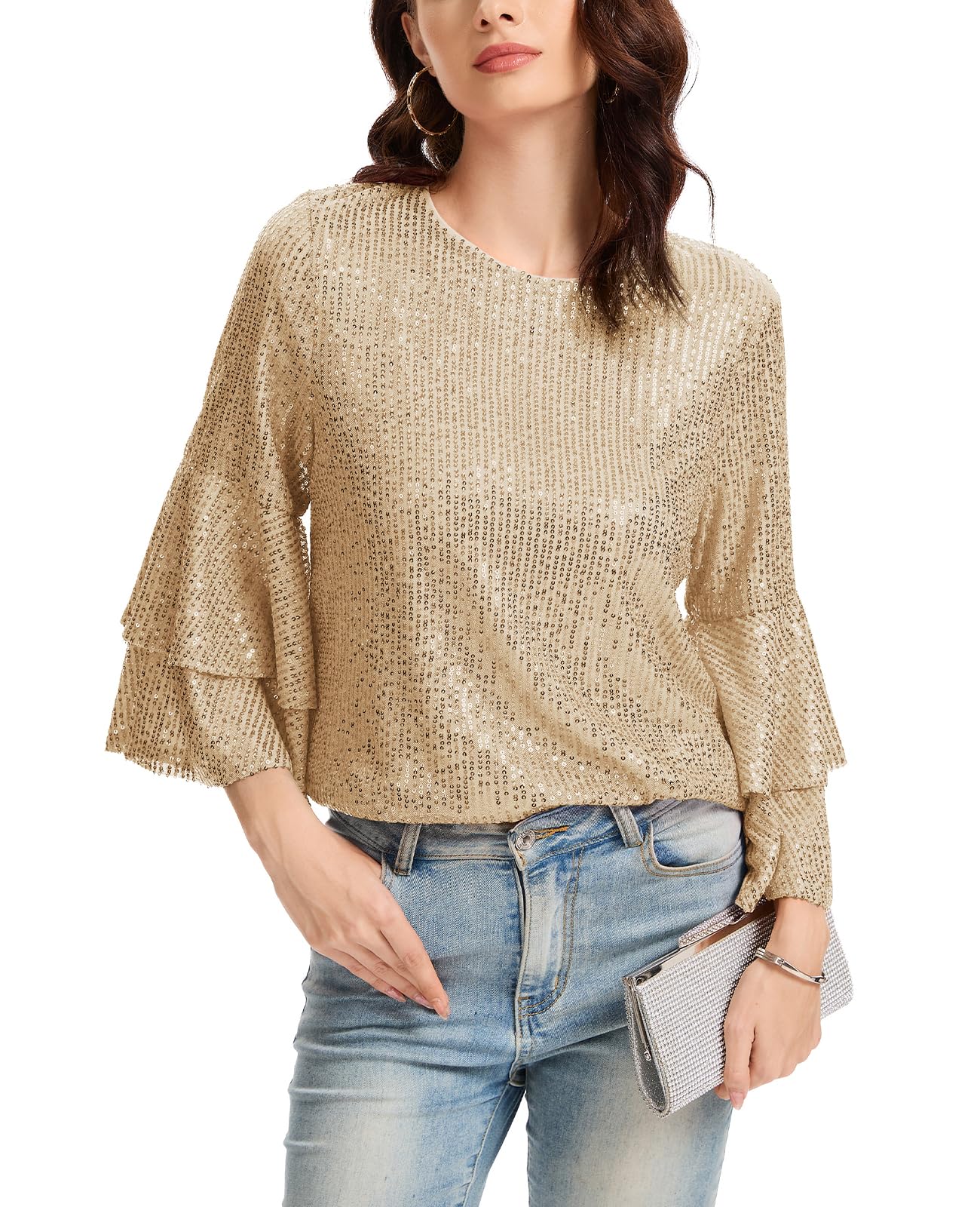 Haut à paillettes pour femme - Manches longues - Col rond - Pour les loisirs, les fêtes, les festivals