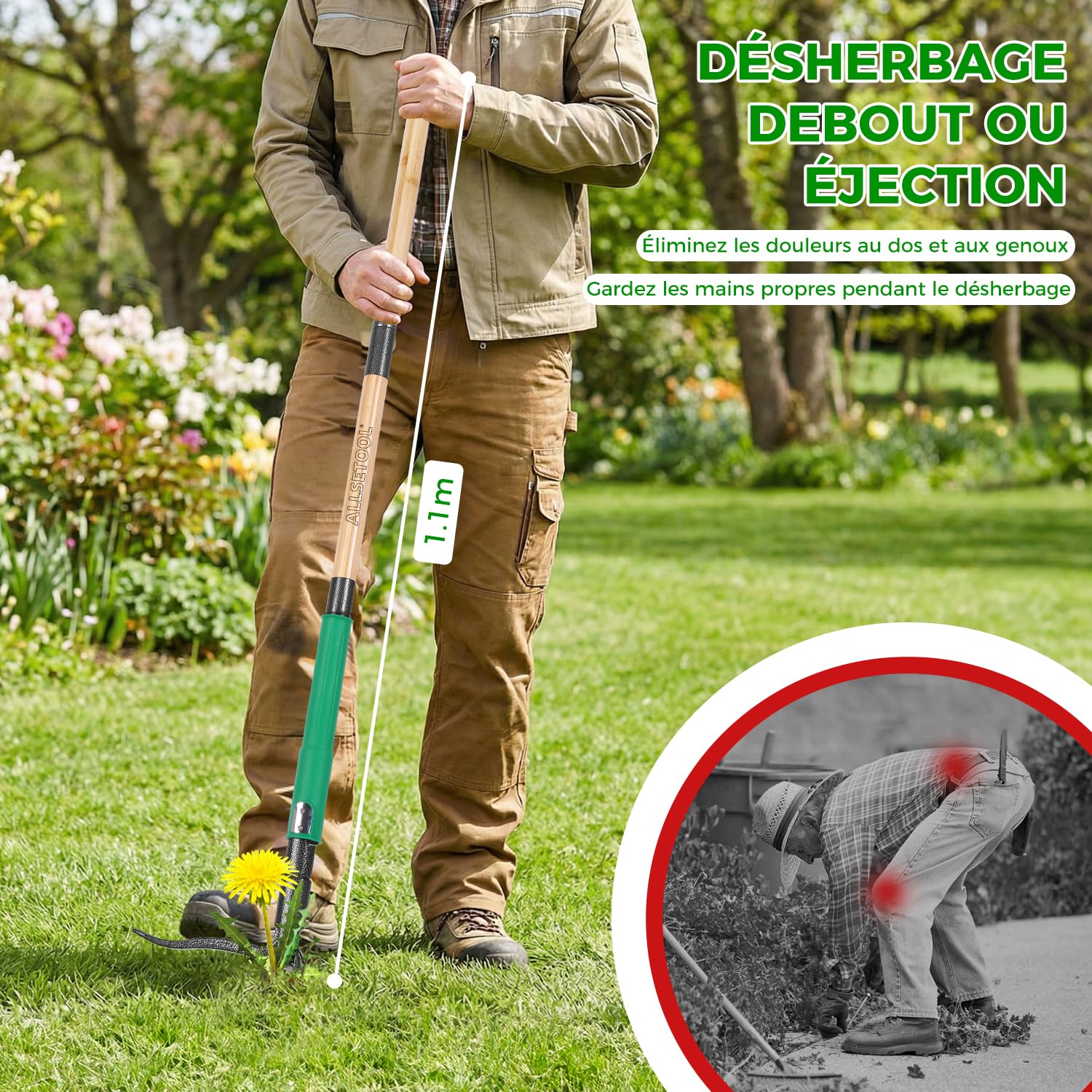 Désherbeur Manuel avec 2 Éjecteurs de Mauvaises Herbes, 1.1m Arrache Pissenlit, Manche en Bambou Véritable, 4 Griffes en Métal et Pédale, Outillage de Désherbage pour Le Jardin