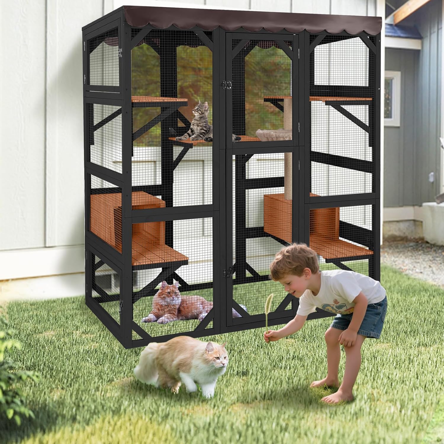 Aivituvin Catio Outdoor Cat Enclosure Large Wooden Cat Cage Condo Playpen for Multiple Cats Waterproof Cover for Indoor Outdoor (Black)