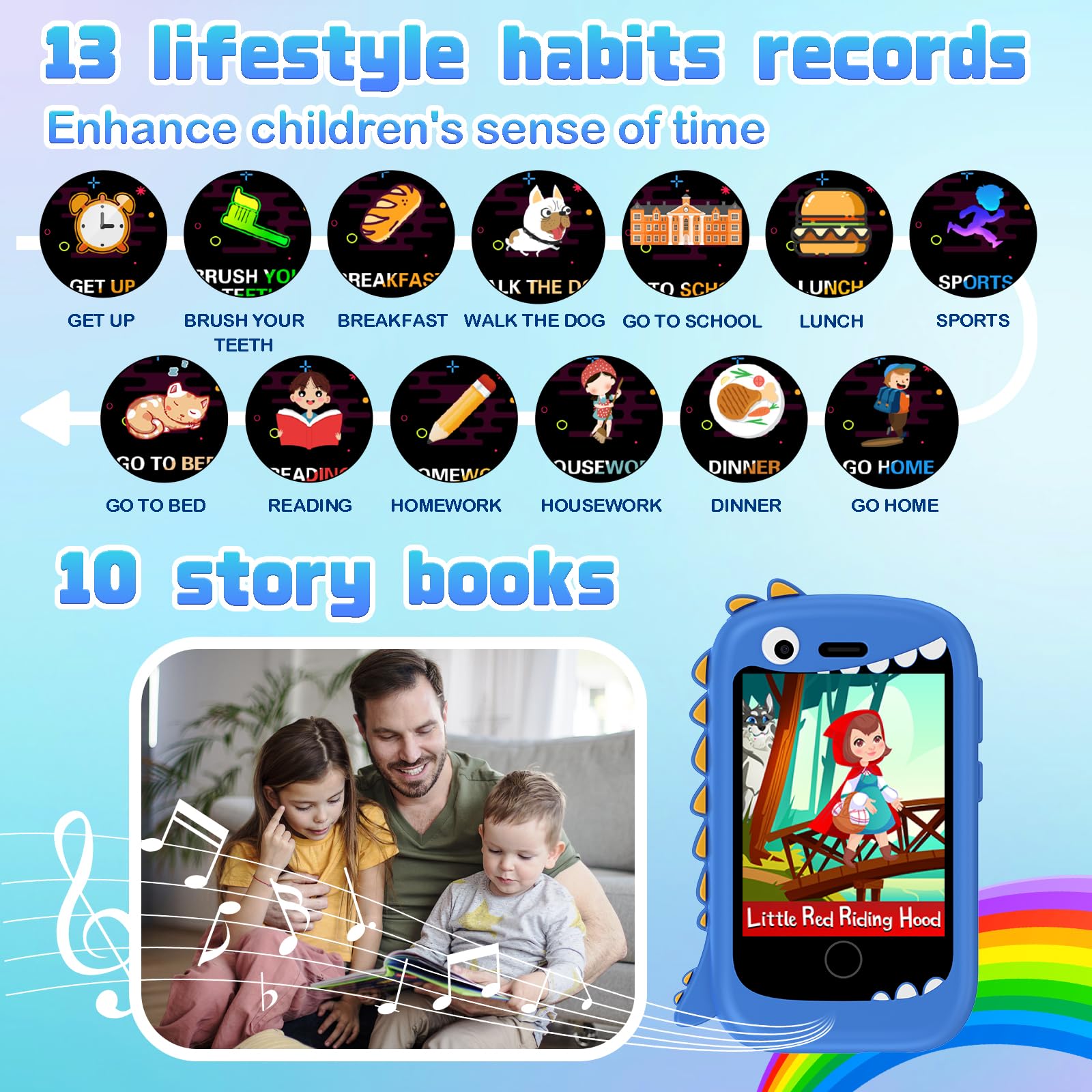 Telephone Portable pour Enfant, Smartphone pour Fille Garçon avec Appel SOS Musique 17 Jeux Podomètre Alarme Caméra Mode école Livre Audio Lampe Poche, Cadeau pour Enfant 4-10 Ans