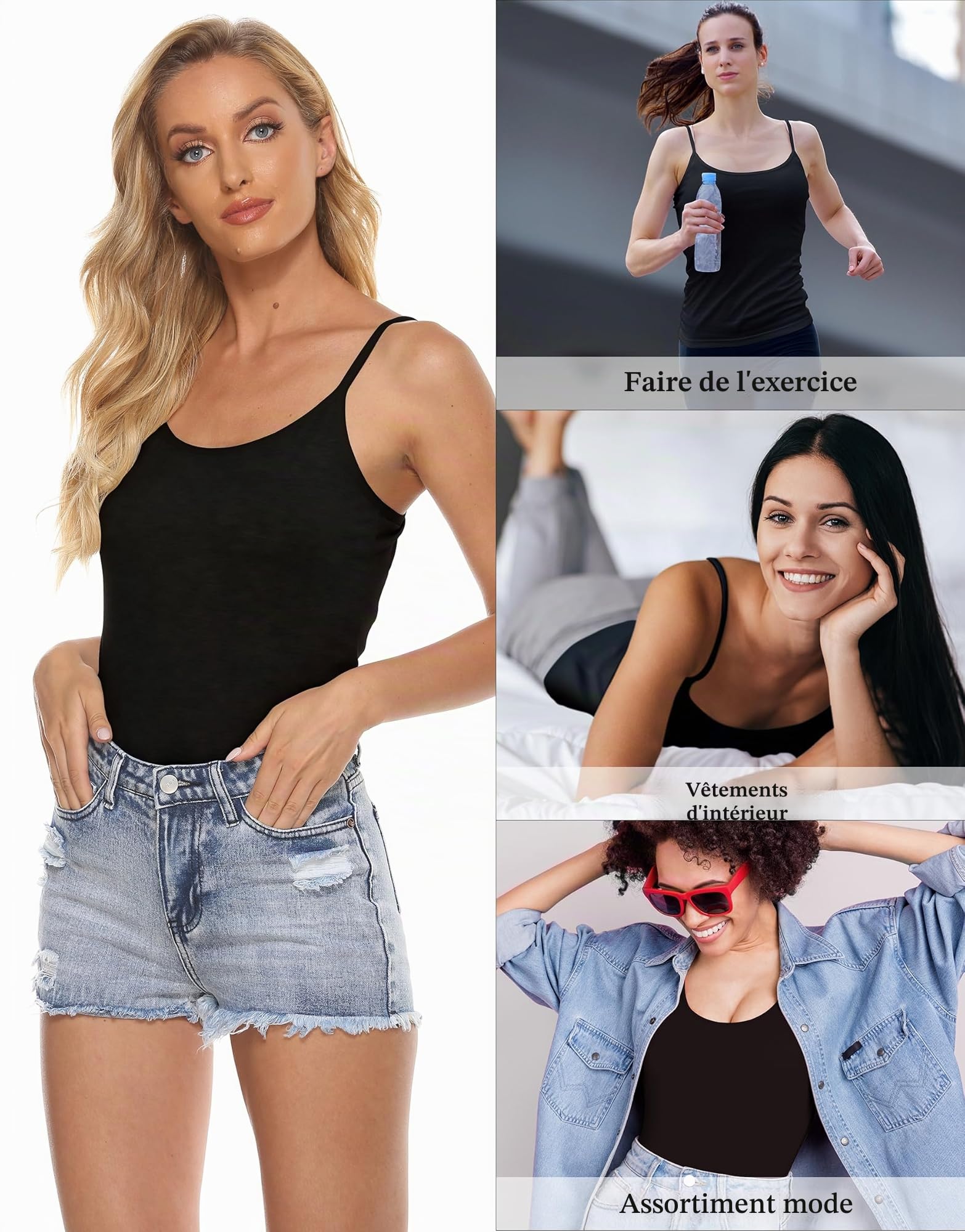 BQTQ Lot de 3 Camisole Femme Débardeur Caraco Bretelles Spaghetti Ajustable | Basique Débardeur à Bretelle Femme Réglables, Caraco Coupe Cintrée Débardeurs Fines Bretelles Maillots De Corps pour Femme