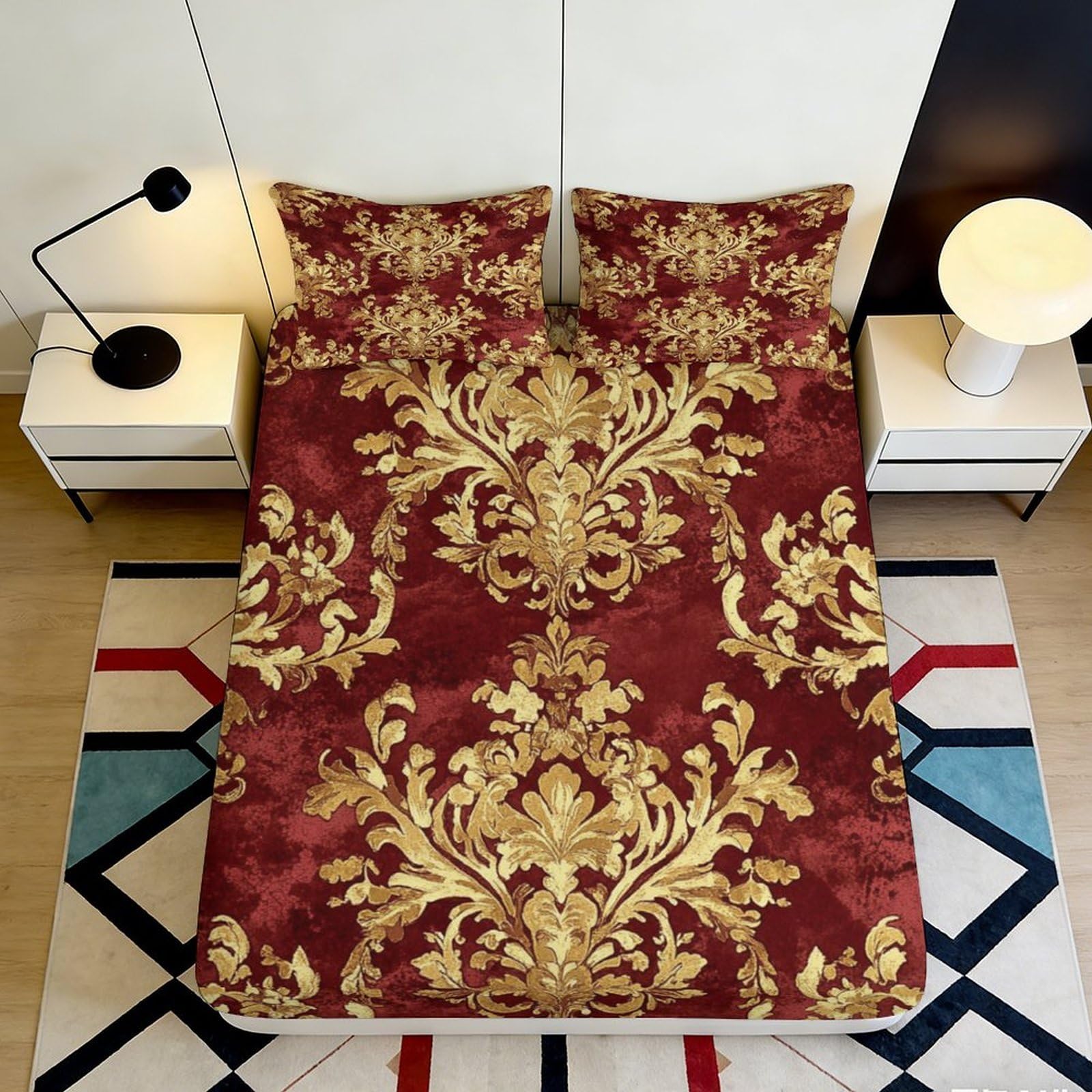 3D Printed Baroque Red Gold Fitted Sheet Microfiber Soft Ornate Damask Mattress Cover Bedroom Decor Washable 140x200x25cm