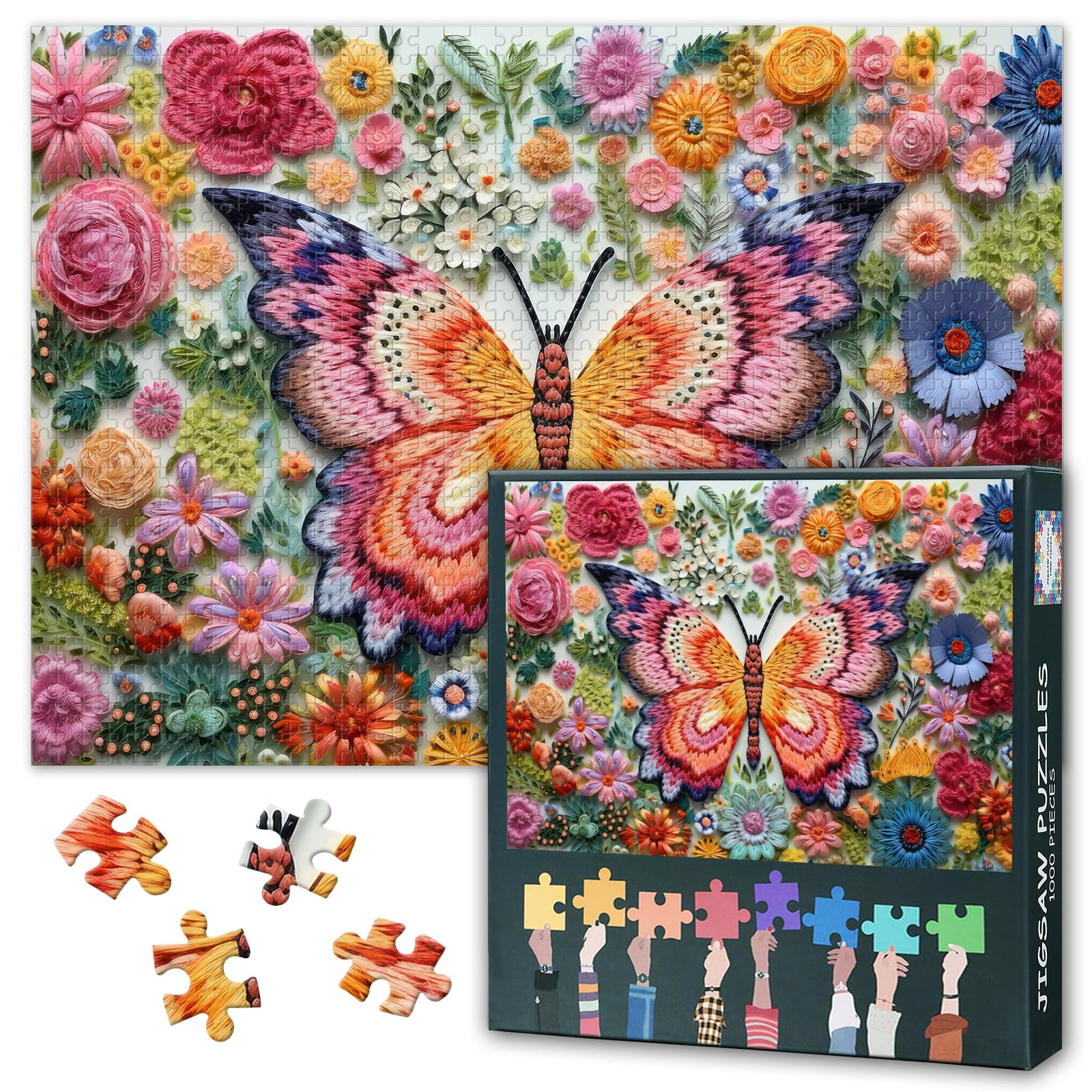 1000 Pieces Butterfly and Flowers Jigsaw Puzzles for Adults Embroidery of Butterfly Jigsaw Puzzle for Adults Artwork Decor Challenging Intelligence Puzzles for Family Indoor Games 27.5"x19.7"