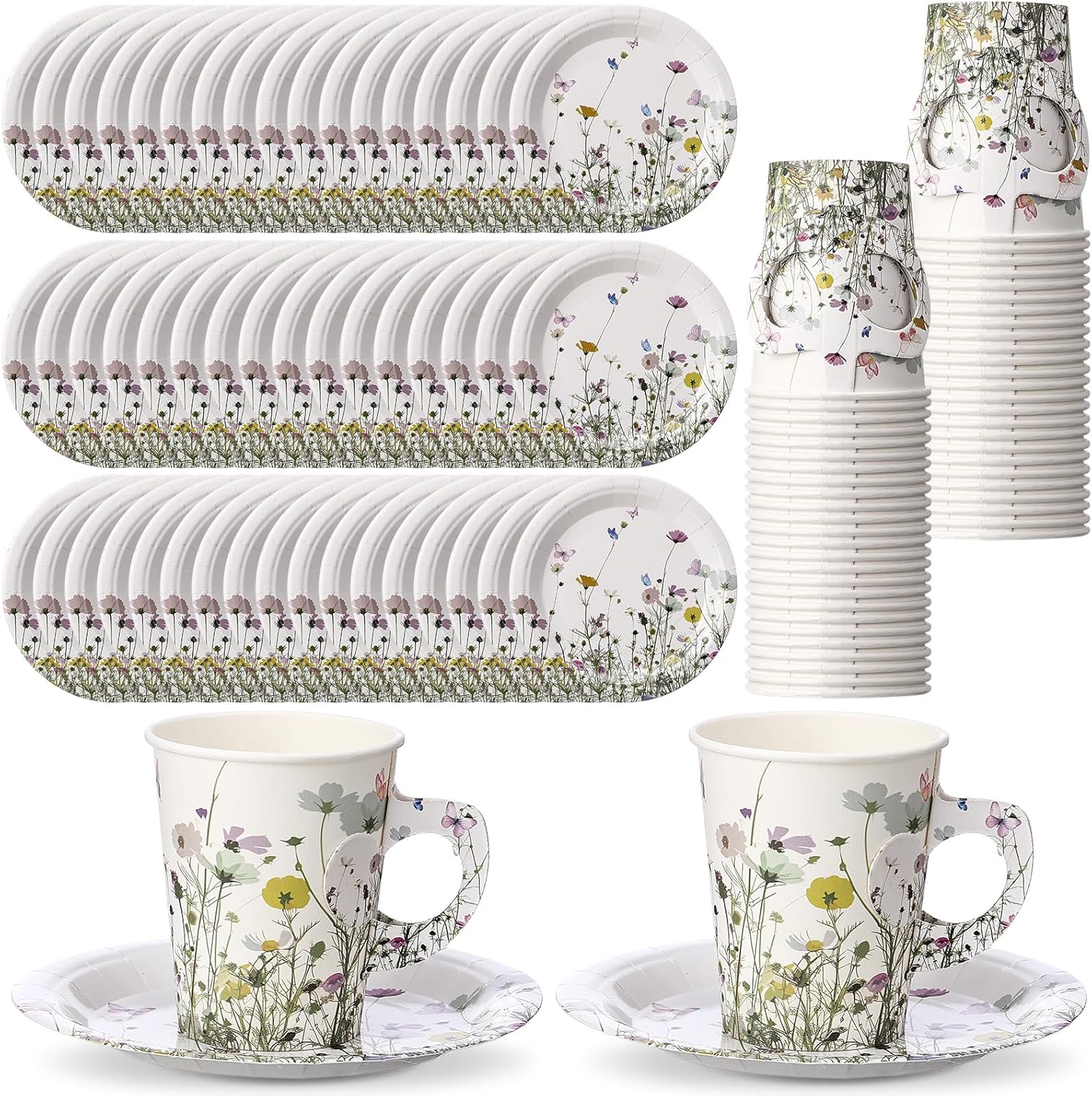 Rtteri 100 Sets Floral Paper Tea Cup Set 9 oz Disposable Paper Teacups with Handle and Plates Wildflower Party Teacups and Saucers Set for Hot Cold Drink Wedding Bridal Baby Shower Decorations