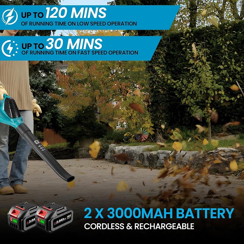 ONEVAN Akkumulátoros Lombfúvó 220 km/h 5 Fokozat 2x3000mAh Akkuval és Töltővel