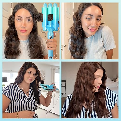 Miniatura 3 de Plancha rizadora de pelo de 3 barriles Aleath de doble voltaje con temperatura ajustable, rizador de cerámica de 1 pulgada (azul)