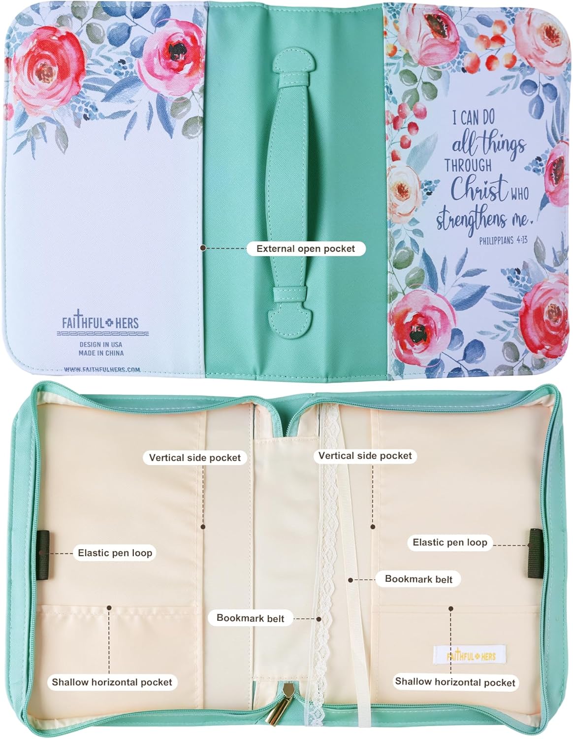 Faithful Hers Bible Cover Case for Women 3pcs Bible Bag Set with Notebook and Bookmark Woman PU Leather Book Carrying Case for Lady Bible Case Christian Gifts for Christmas Thanksgiving Day - Image 4