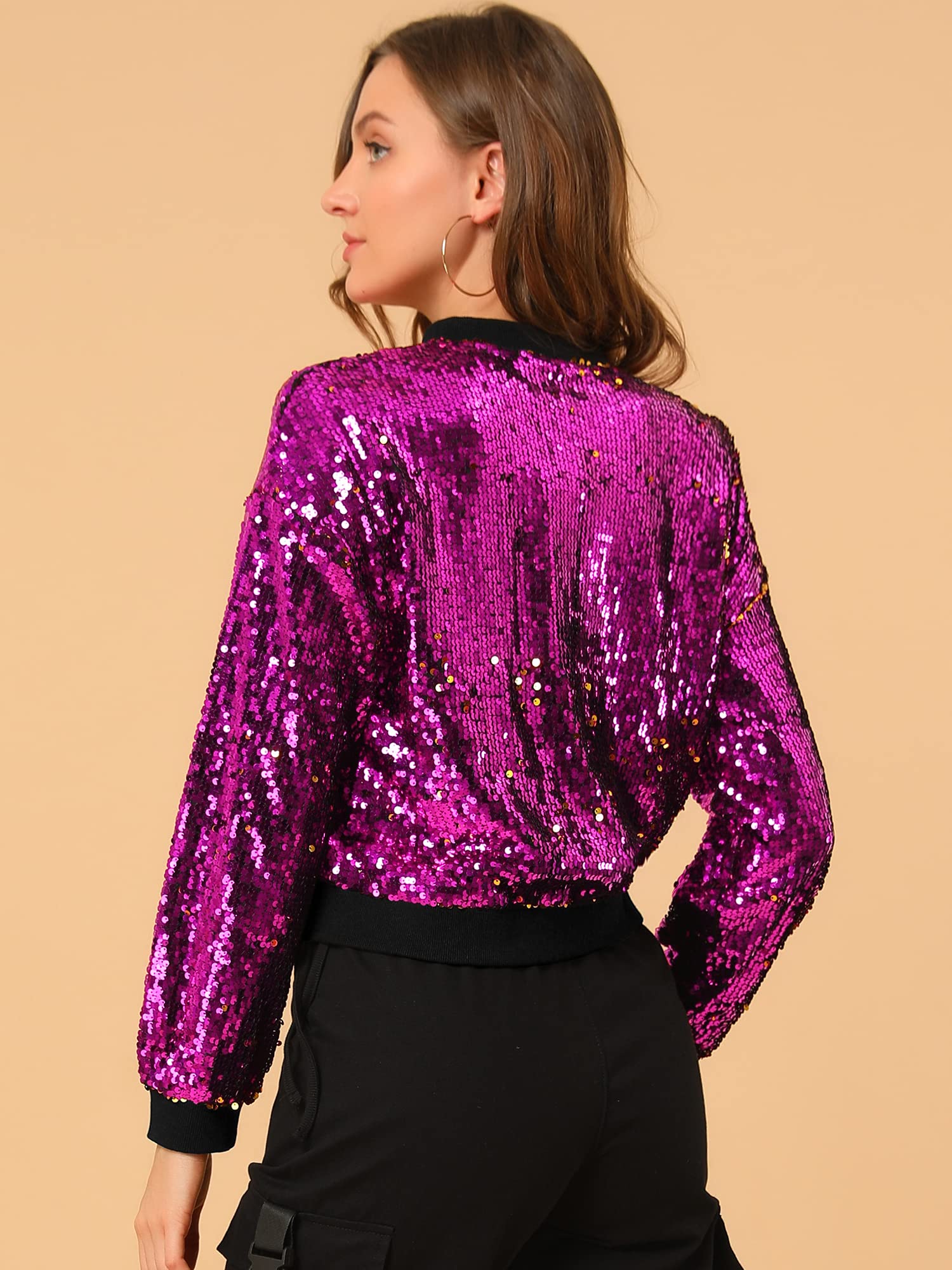 Allegra K Bomber à paillettes et fermeture éclair à manches longues pour femme