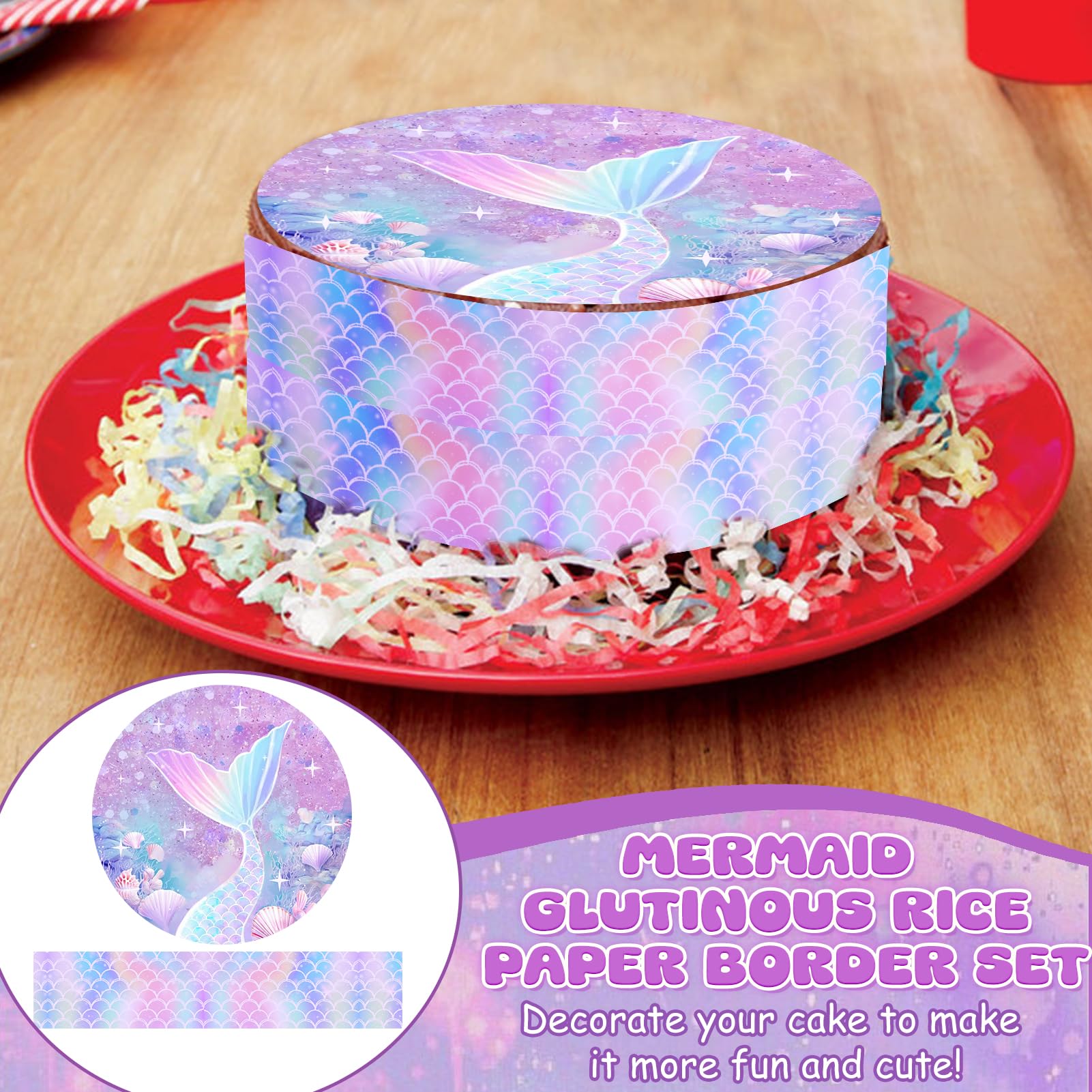 Decoración para Tartas de Sirena, Oblea Sirenita, Papel Comestible, Cinta 24cm x 5cm, Fiestas Cumpleaños Morado