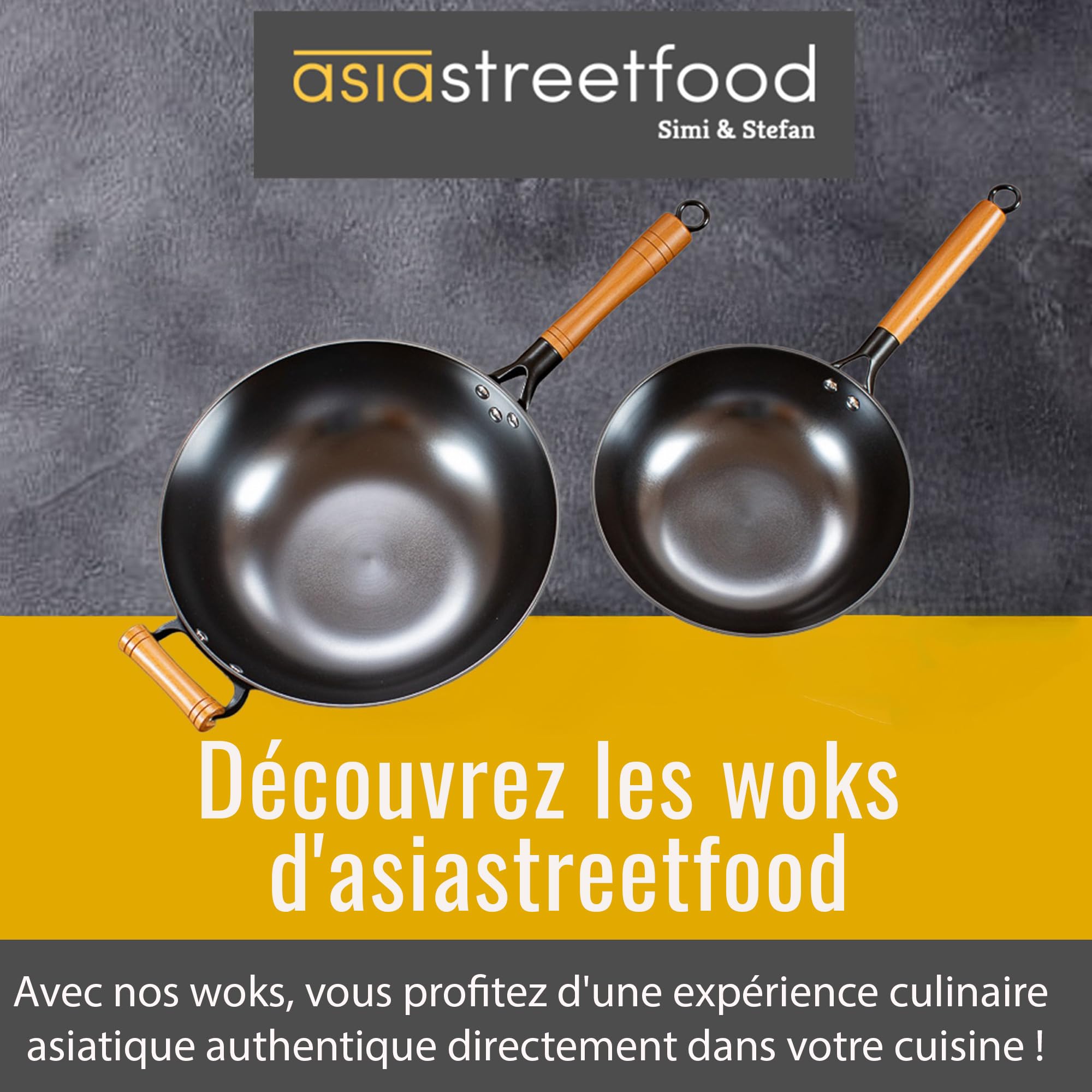 Wok en acier au carbone Ø 26 cm – Fond plat et poignée en bois – Utilisable sur gaz, induction et vitrocéramique – Prêt à l’emploi, sans culottage