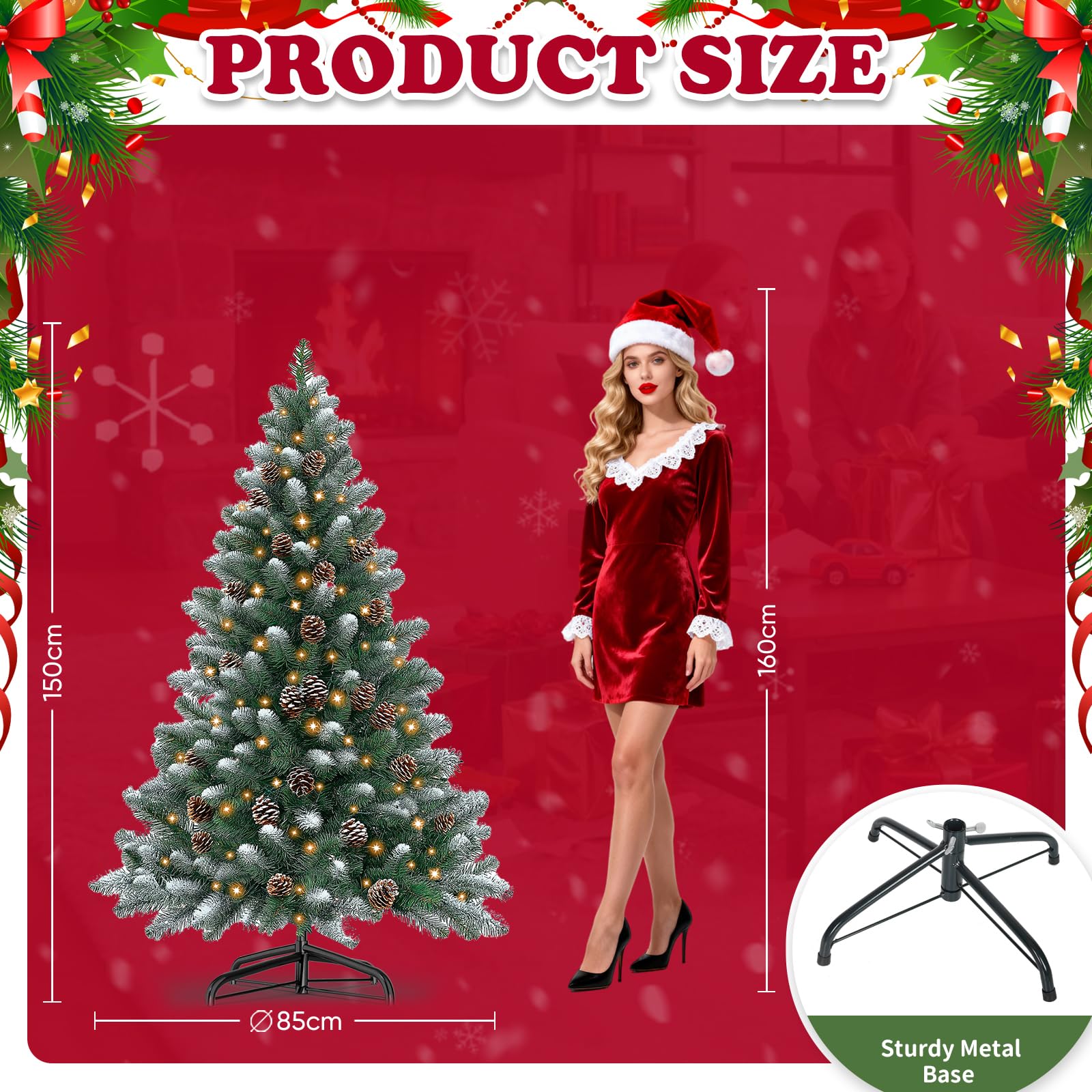 Grüner 150cm Kleiner Weihnachtsbaum mit Weiß Schnee 367 PVC Zweigen, 180 LED Beleuchtung&20 Tannenzapfen, Künstlicher Faltbar Tannenbaum mit Metall Ständer für Außen Innen