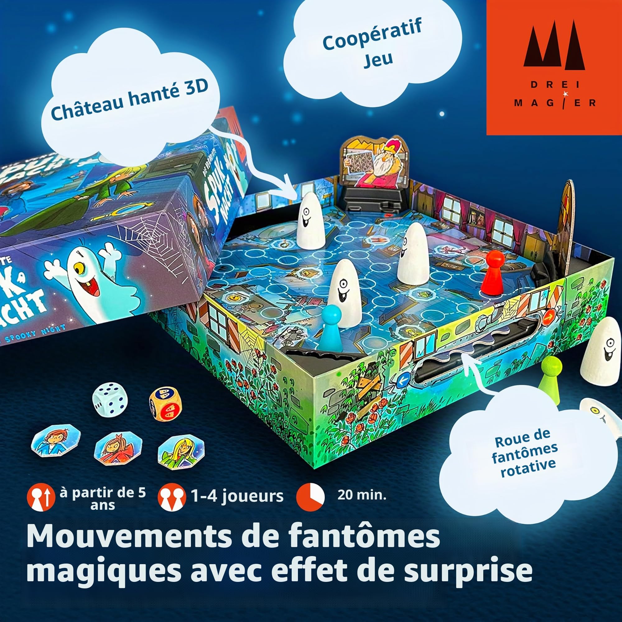 Schmidt Spiele 40896 - Jeu pour Enfants - La Nuit hantée tordue - Trois magiciens