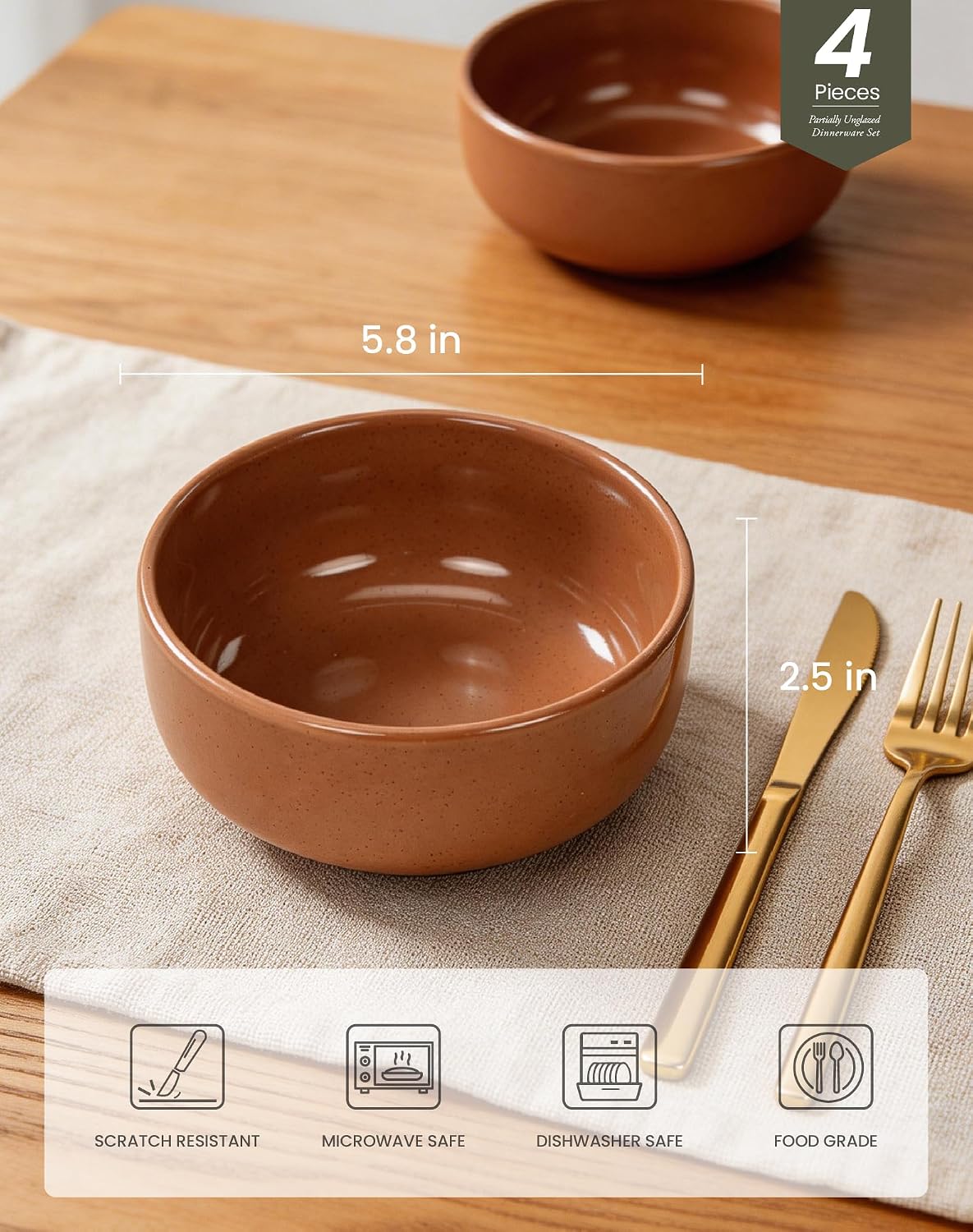 OTAGO 6'' Cinnamon Brown Ceramic Pasta Bowls, Stoneware Bowls Set of 6, Microwave&Dishwasher Safe Bowls with Rustic Terracotta Underside for Pasta Salad