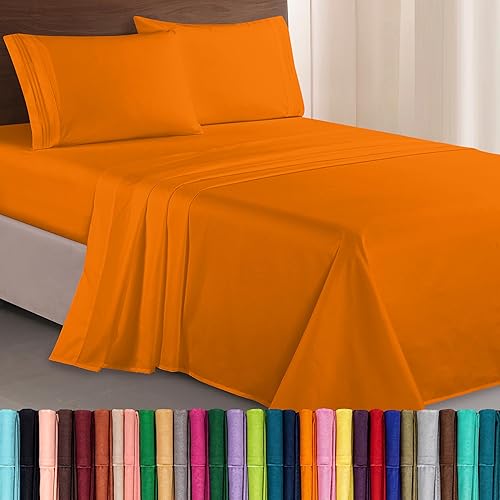 Elegant Comfort Luxurious 1500 Premium Hotel Quality Microfiber Three Line Embroidered Softest 4-Piece Bed Sheet Set, Wrinkle and Fade Resistant, King, Orange