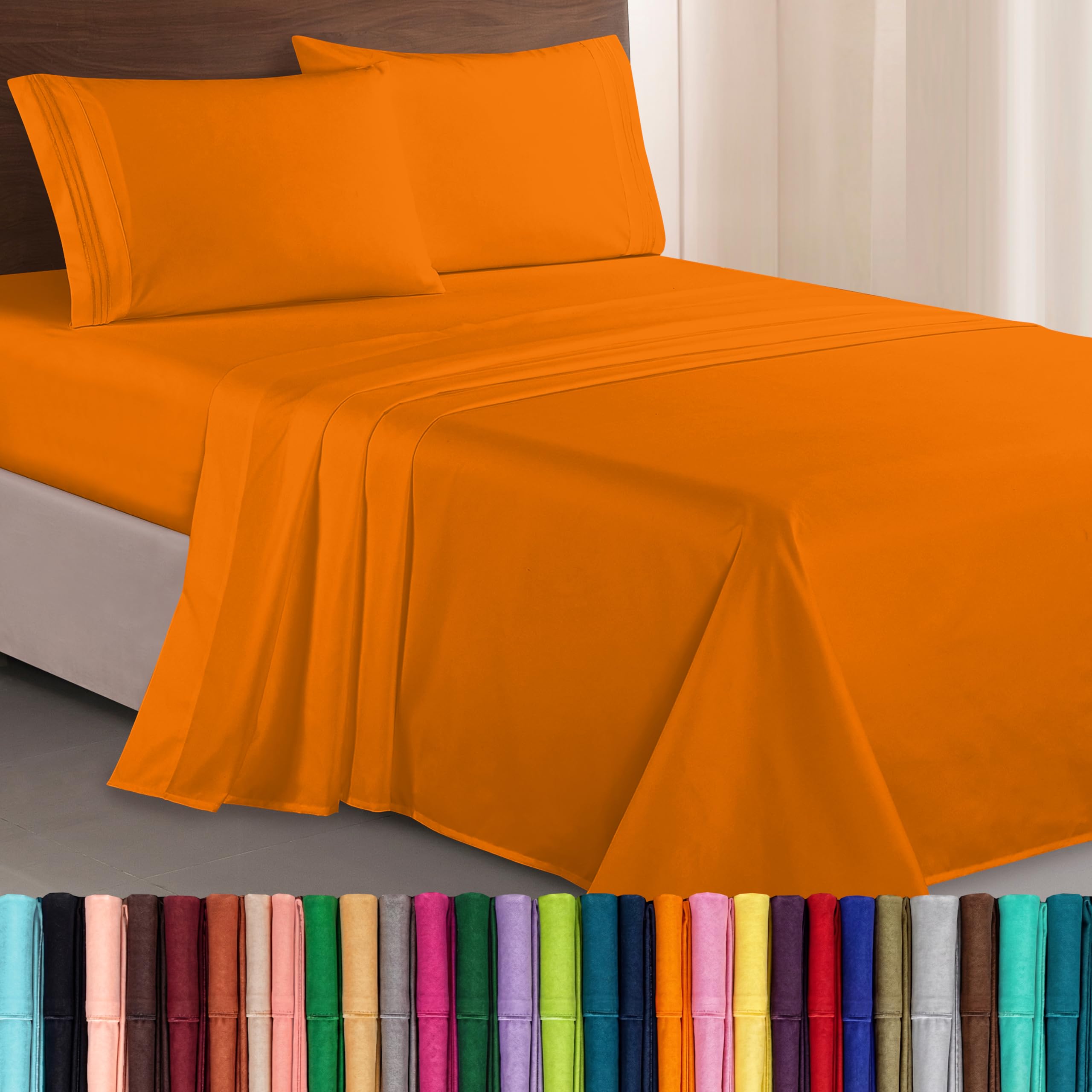 Elegant Comfort Luxurious 1500 Premium Hotel Quality Microfiber Three Line Embroidered Softest 4-Piece Bed Sheet Set, Wrinkle and Fade Resistant, Queen, Orange
