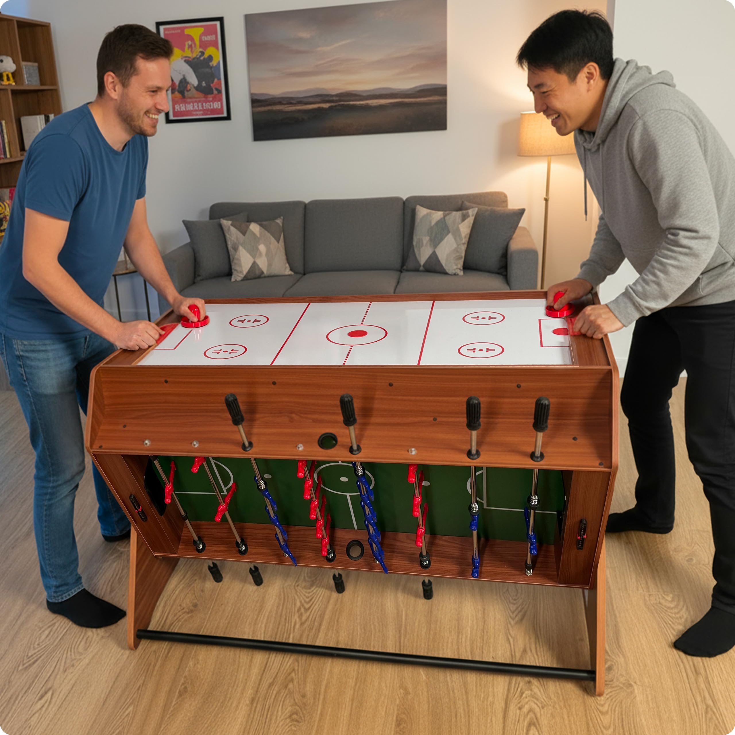 THUNDER SMART 3-in-1 Multifunktionaler Spieltisch 126 cm – Tischfußball, Billard und Airhockey, Stabiler drehbarer Spieletisch mit Zubehör für Kinder und Erwachsene