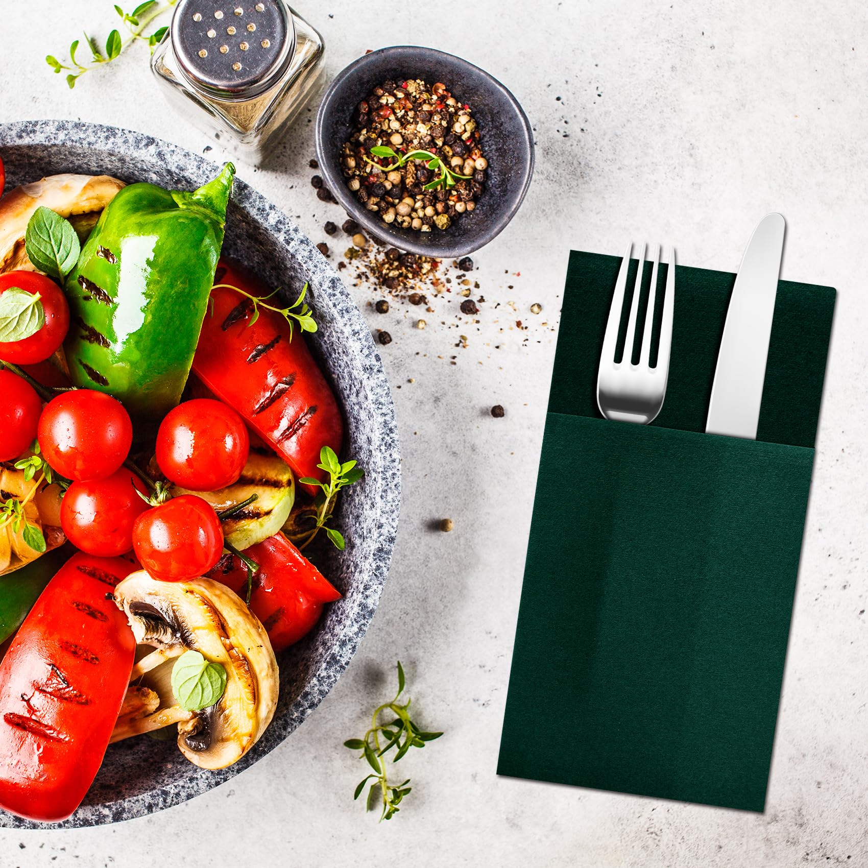 Tovaglioli verde scuro usa e getta, tovaglioli da cena in lino con tasca prepiegata integrata per posate, asciugamani di carta per ospiti, per matrimoni, cene o feste (40,6 x 40,6 cm, 50