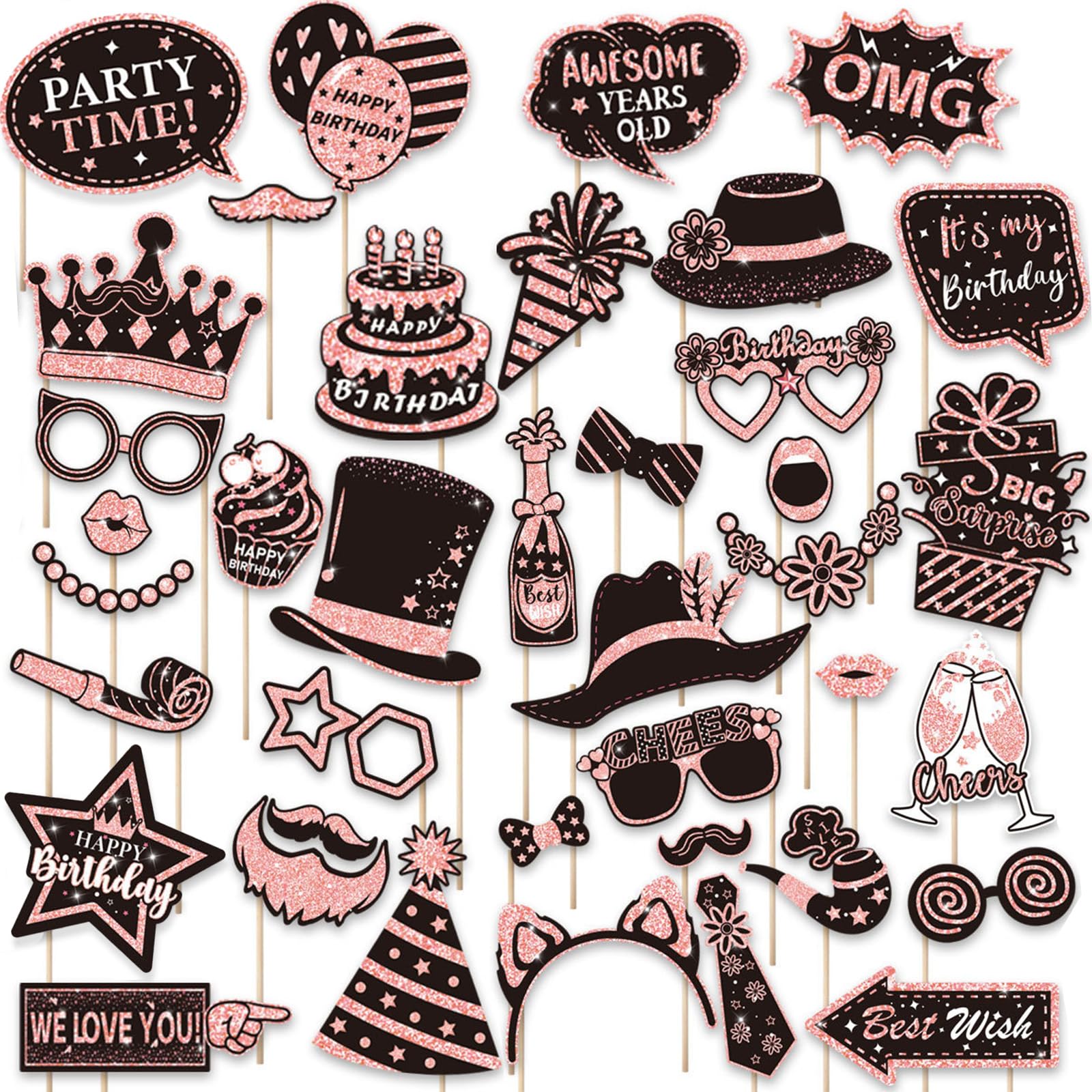 AURALIN Birthday Photo Booth Props 38 Pieces, Party Accessories Kit with Selfie Signs, Moustache, Hats, Crowns and Speech Bubbles for Birthday Decorations, Pink Blue Gold Purple Options (Pink)