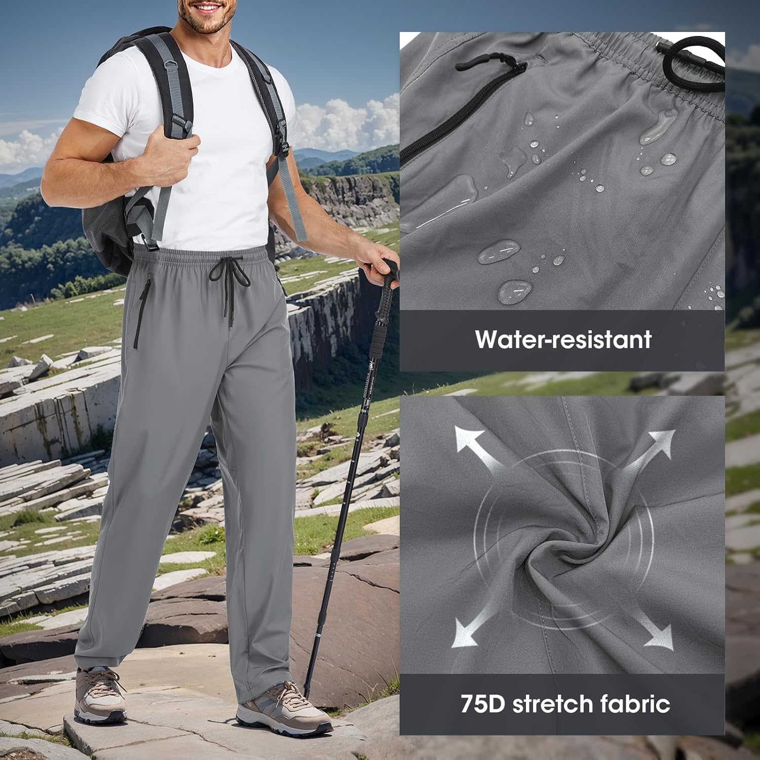 Mens Lightweight Hiking Pants Water Resistant Athletic Workout Running Travel Casual Joggers 3 Pockets Quick Dry - Image 5