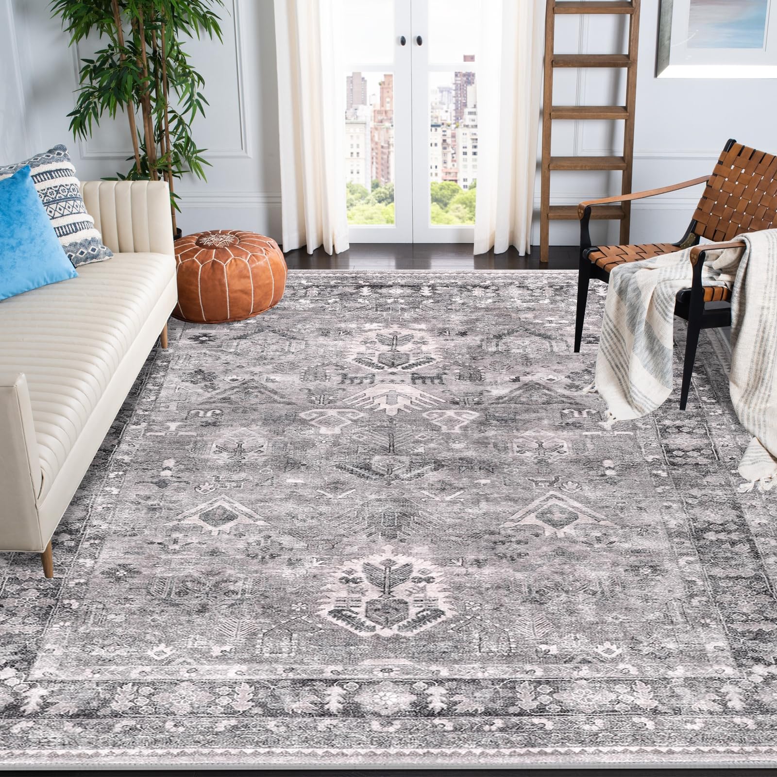 HEBE Bohemian Area Rug 5x7 Washable Bedroom Rug Indoor Non Slip Accent Throw Rugs Oriental Vintage Boho Rug Low-Pile Door Mat Floor Carpet for Entryway Bathroom Kitchen