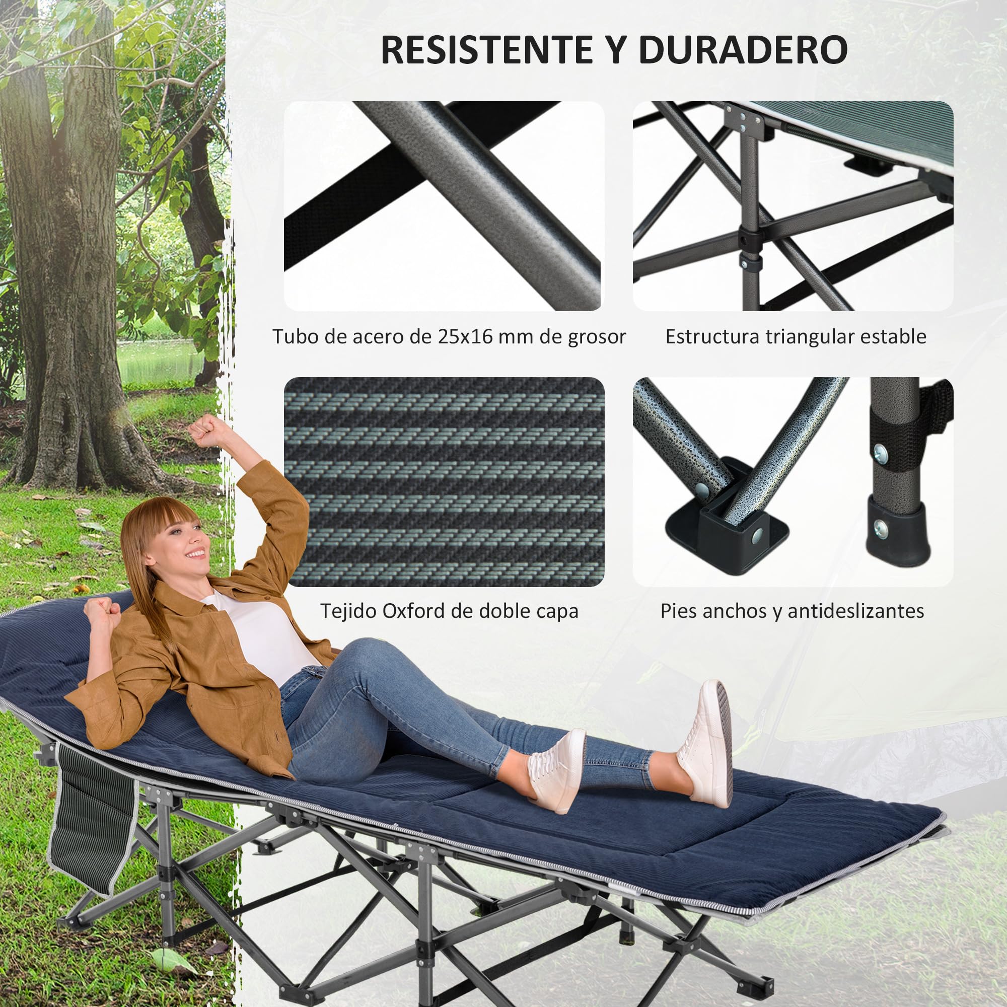 Outsunny Cama de Camping Plegable Cama de Acampada con Cojín Almohada Bolsillo Lateral Bolsa de Transporte y Marco de Acero Carga 150 kg para Playa Senderismo 188x64,5x53 cm Azul