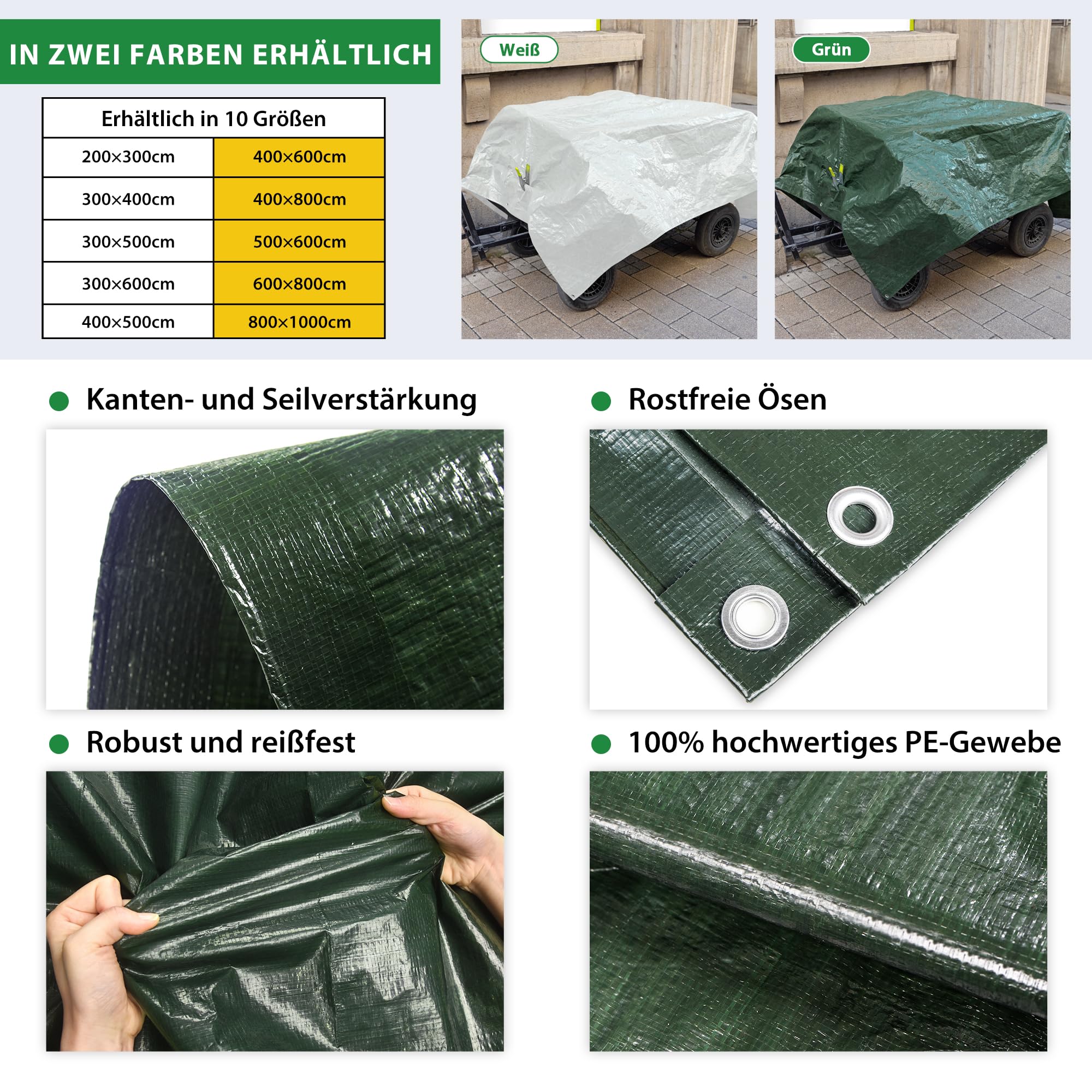 jarolift Abdeckplane Poolabdeckung Gewebeplane, Plane aus Polyethylen-Gewebe 90 g/qm, Wasserdicht Schimmelresistent Reißfest, 8 x 10 m, Grün