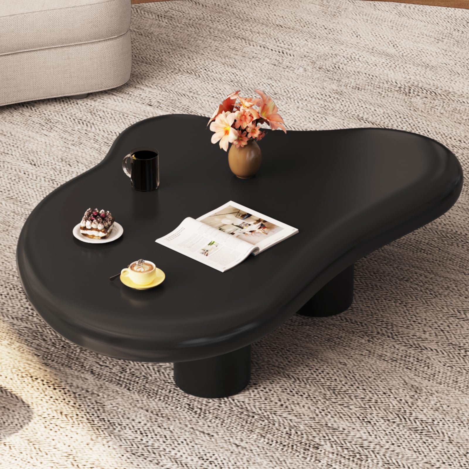 Miuuod 90cm Black Cloud Coffee Table, Modern Irregular Center Table with 4 Legs, Unique Wavy Tabletop for Living Room, Bedroom, Small Space, Stylish Accent Table โ image 1