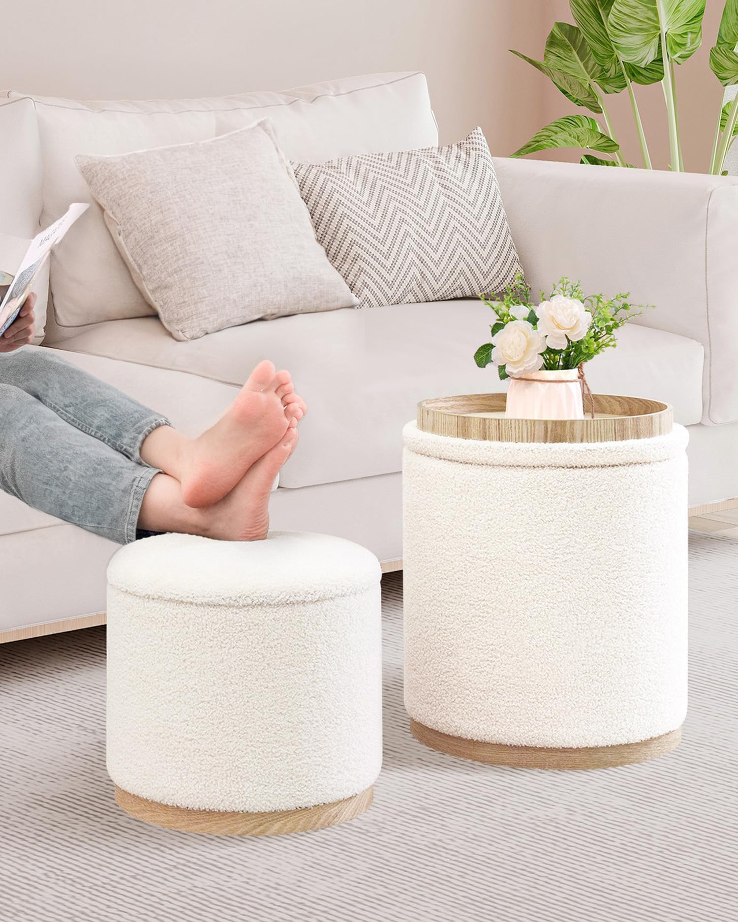 B FSOBEIIALEO Storage Ottoman Round Boucle Ottomans with Tray, Set of  Teddy Foot Rest Ottoman Cube with Storage for Living Room, Cream White
