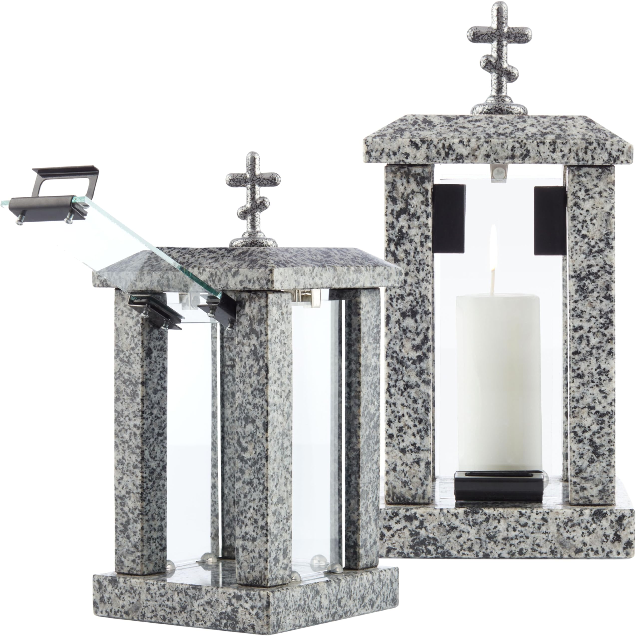 Granite Candle Lantern with Orthodox Cross – H 22.6" (32cm) Grey Graveside Tribute Memory – Funeral Gift, Cemetery Grave Ornaments, Square Memory Outdoor Lantern - Decoration for Graveyard or Home Use