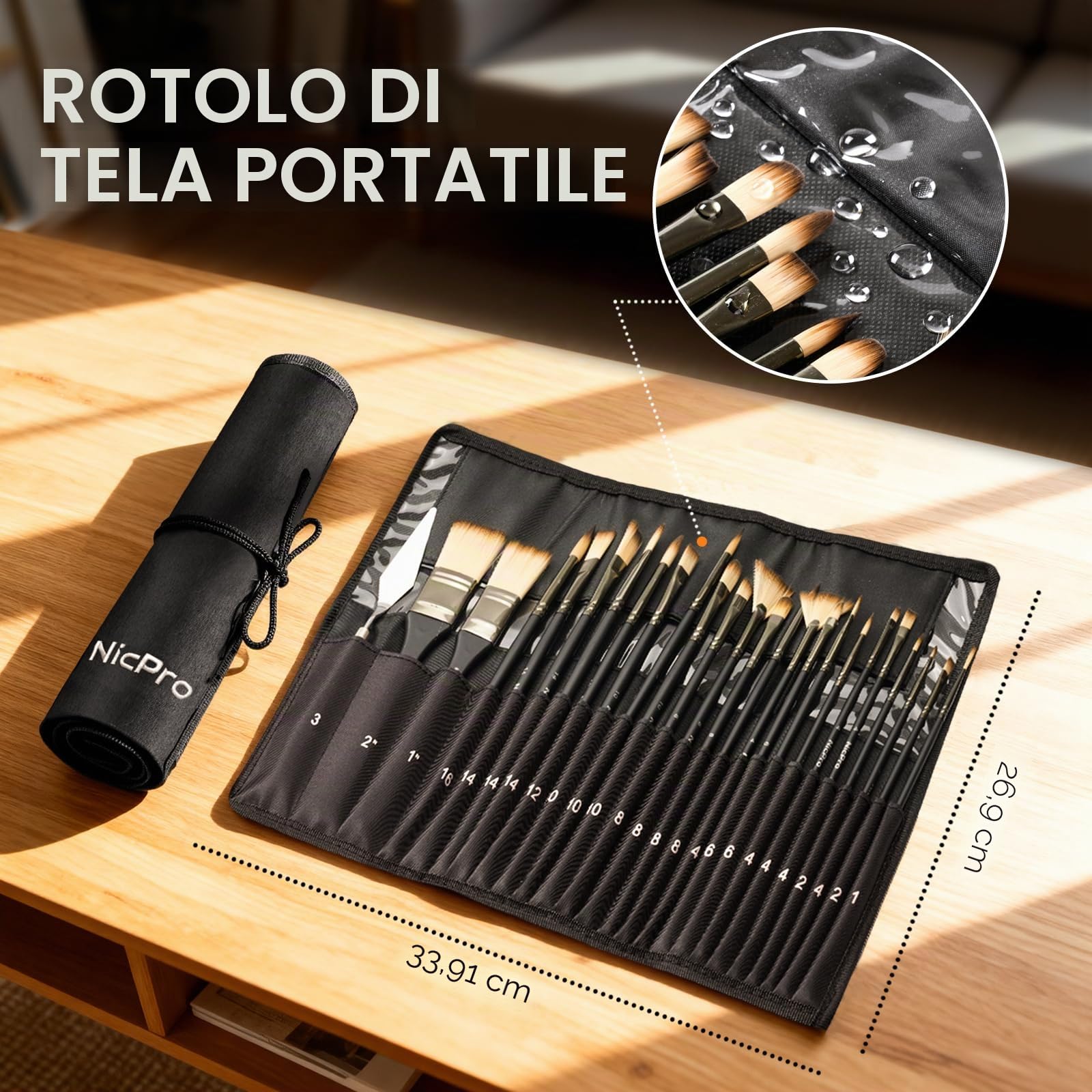 Nicpro 24 Pezzi Pennelli per Dipingere, Set Pennelli Pittura per Artisti Professionisti, Pennelli Acquerello per Acrilico, Olio Pittura, Vieni con Rotolo di Tela e Spatola（Nero）