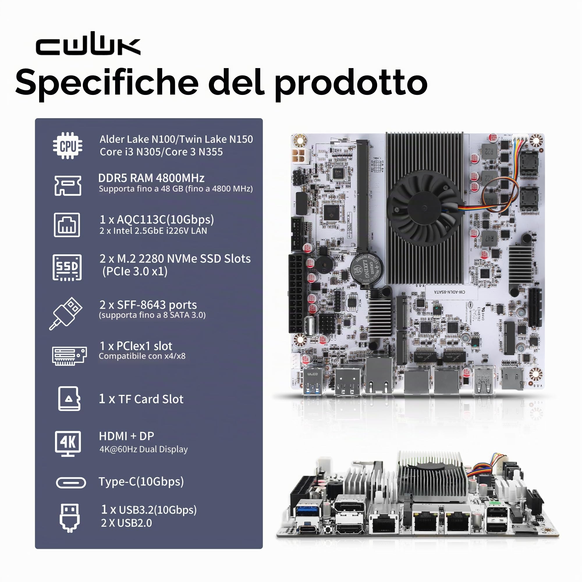 CWWK NAS Motherboard 8 Bay con 10GbE RJ45, N150 CPU Mini ITX Scheda madre Bianco M8, 2 x NVMe, Dual 2.5GbE LAN, M.2 WiFi, USB-C, DDR5 NO RAM/SSD, PCIe x1, TF (2x 4-SATA Cable)
