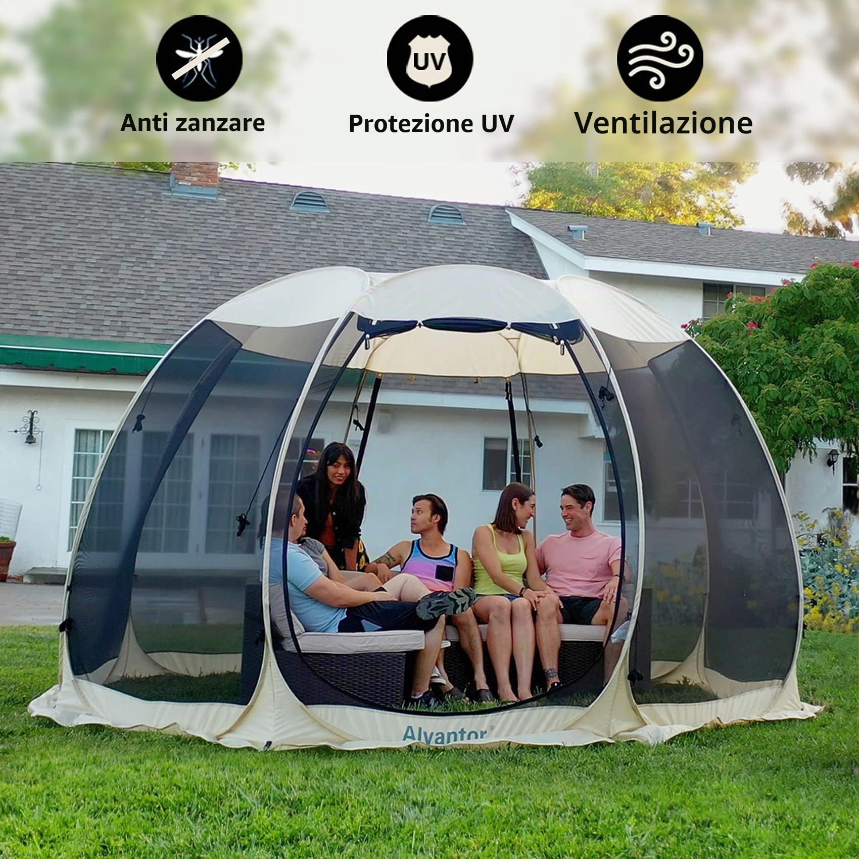 Alvantor - Tenda gazebo per 6-10-15 persone, tenda a baldacchino con zanzariera, protezione solare istantanea, resistente ai raggi UV, per giardino, patio, cortile