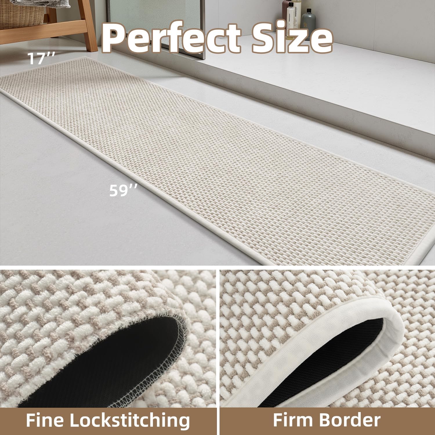 PADOOR-Bath Mat Runner-Super Absorbent Chenille Bathroom Mats-Rubber Backed Bath Mats for Bathroom Non Slip, Easy Clean Bathroom Runner Rugs Front of Bathtub,Shower Room,Sink-17×59, Beige&Cream