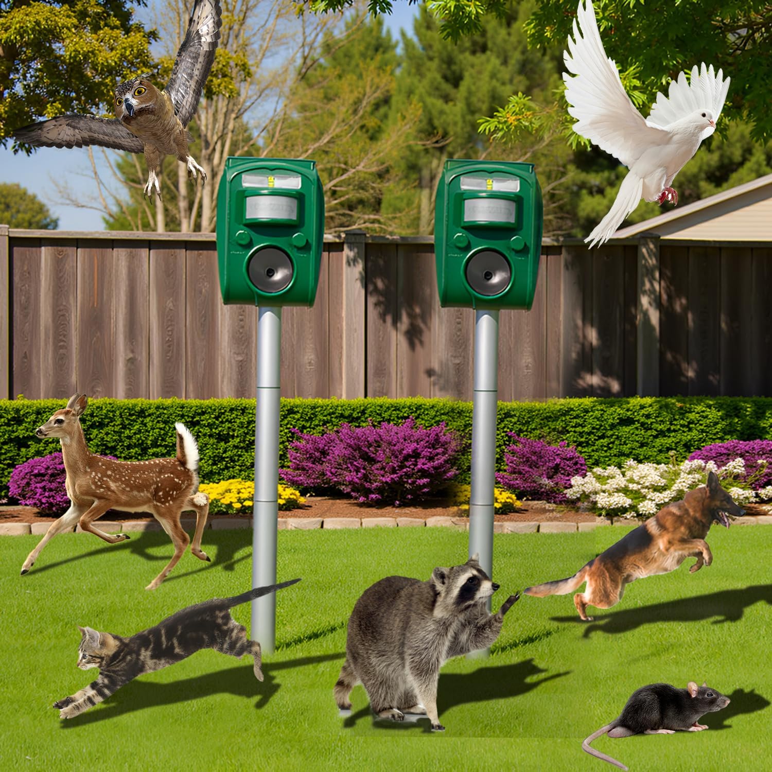 2 Pack Solar Ultrasonic Animal Repellent Outdoor, Motion Activated Cat Dog Deer Squirrel Deterrent with Flashing Light & PIR Sensor, Waterproof Repeller for Garden Yard Farm