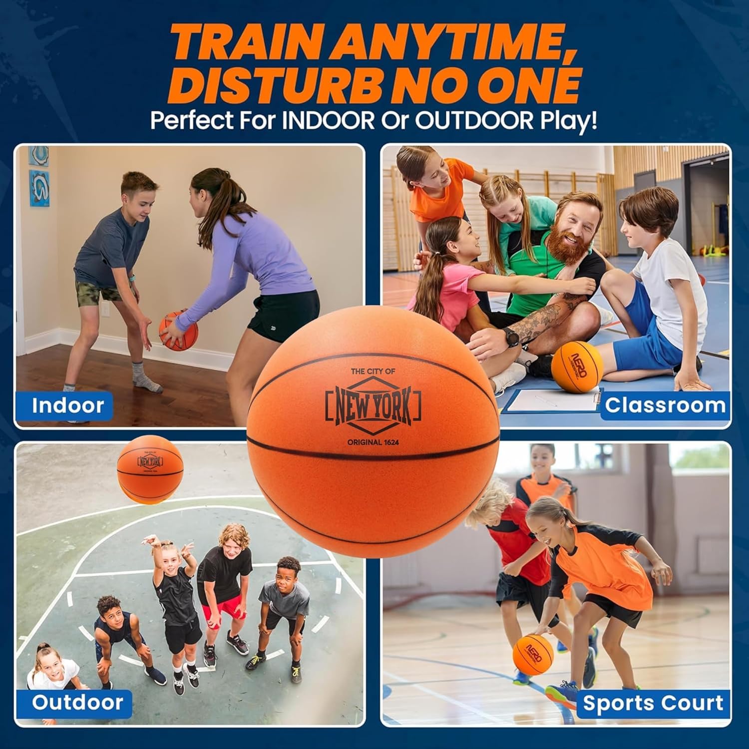 NERO SPORT Ninja Silent Basketball- Soft Foam Indoor Basketball Size 3 (7 inches) | Soundless for Quiet Dribbling and Indoor Training (Ball in Box)