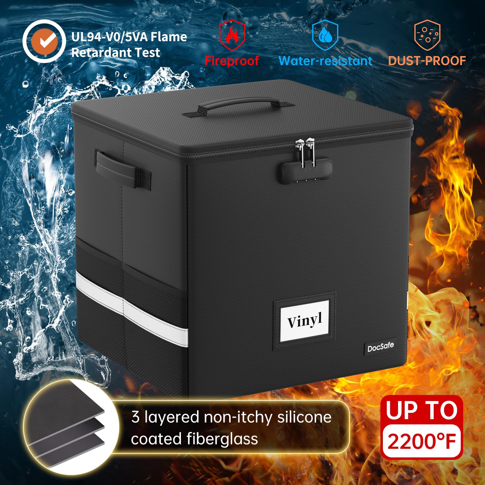 DocSafe Caja de almacenamiento de discos de vinilo con cerradura, resistente al fuego y al agua, organizador de discos para más de 100 discos individuales (12 pulgadas), caja de almacenamiento