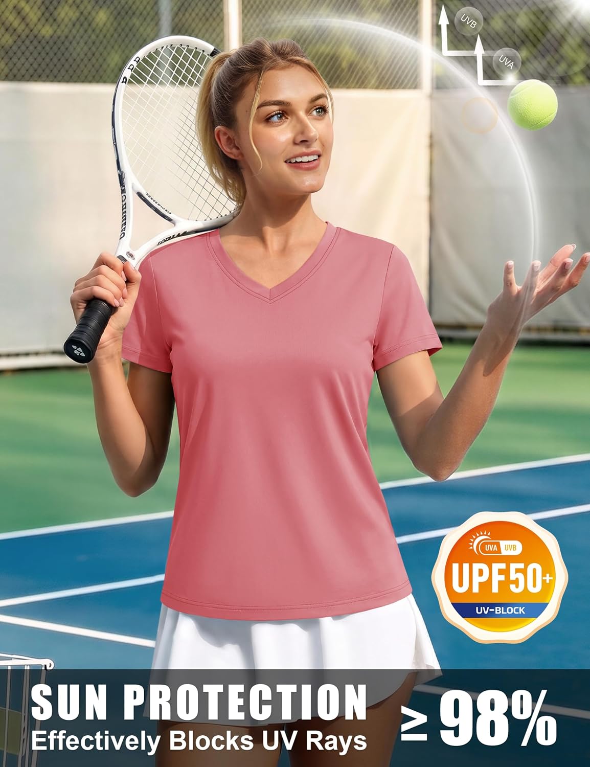  Women's V-Neck T Shirt Short Sleeve UPF 50+ Quick Dry Workout Tops thumbnail