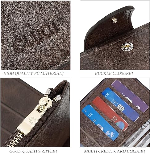 Miniatura 4 de Cartera para mujer, de piel, plegable, larga, con tarjetero, organizador para damas, encerada con aceite, de dos tonos color amarillo