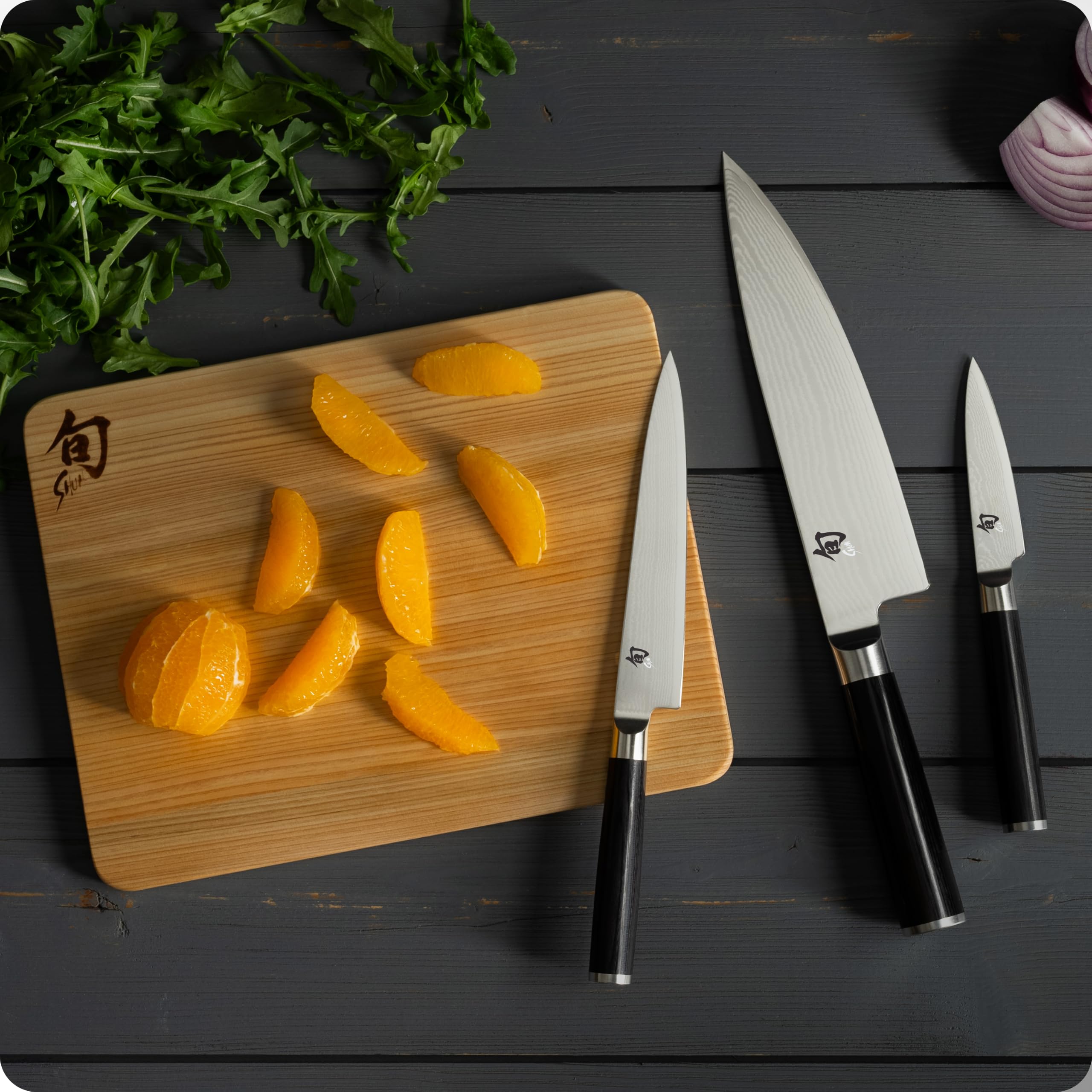 Shun KAI Classic japanisches Kochmesser 3er Set - Kochmesser 20 cm Klingenlänge + Allzweckmesser 15 cm Klingenlänge + Officemesser 9 cm Klingenlänge - Damastmesser 32 Lagen VG MAX Kern - Pakkaholz