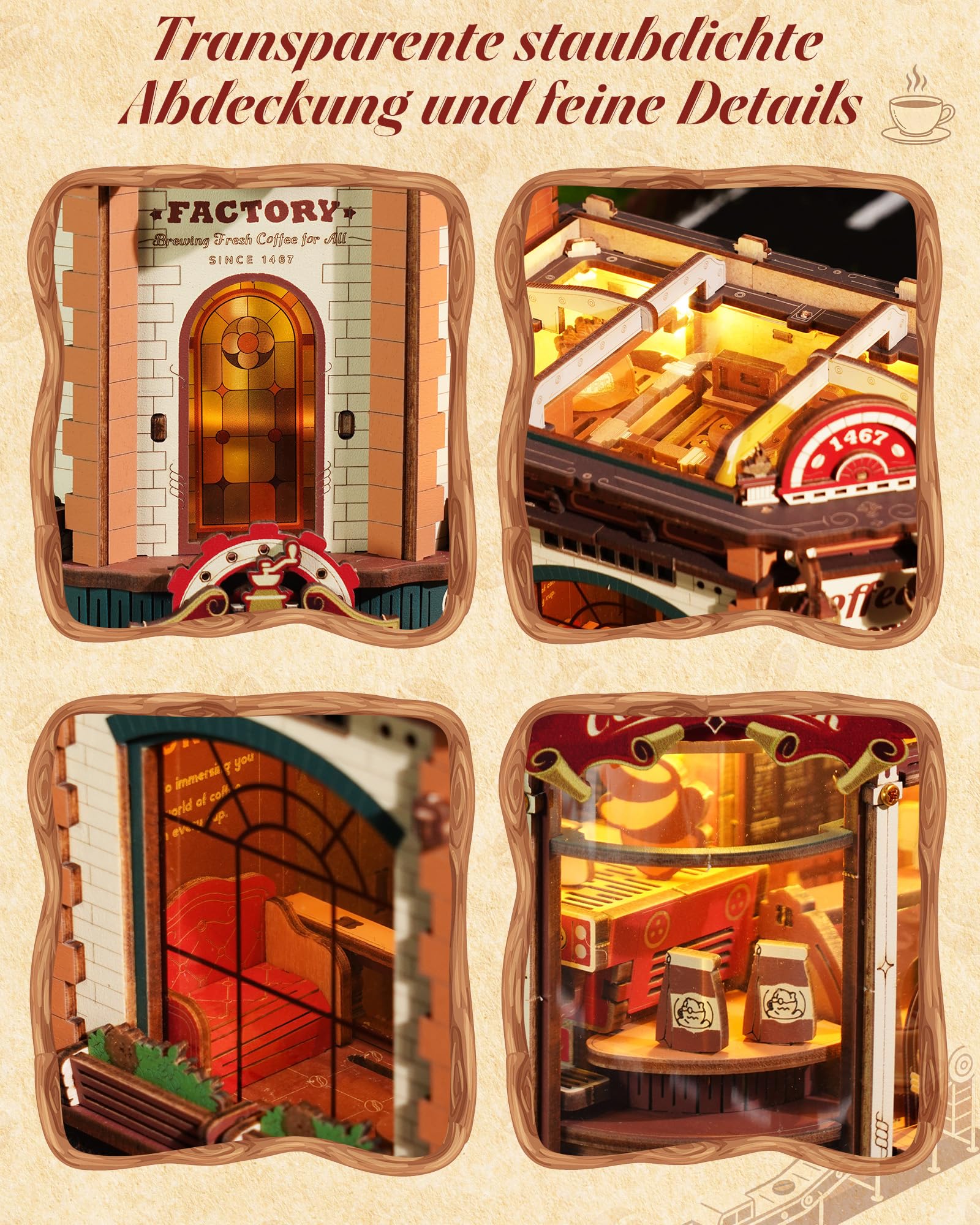 ROKR Dream Coffee Factory EAB02 DIY Miniatur Puppenhaus Spieluhr für Erwachsene, Mechanisches Kaffeefabrik Modell mit Beweglichen Teilen, LED Beleuchtung und Jazz Musik, Kreatives Geschenk