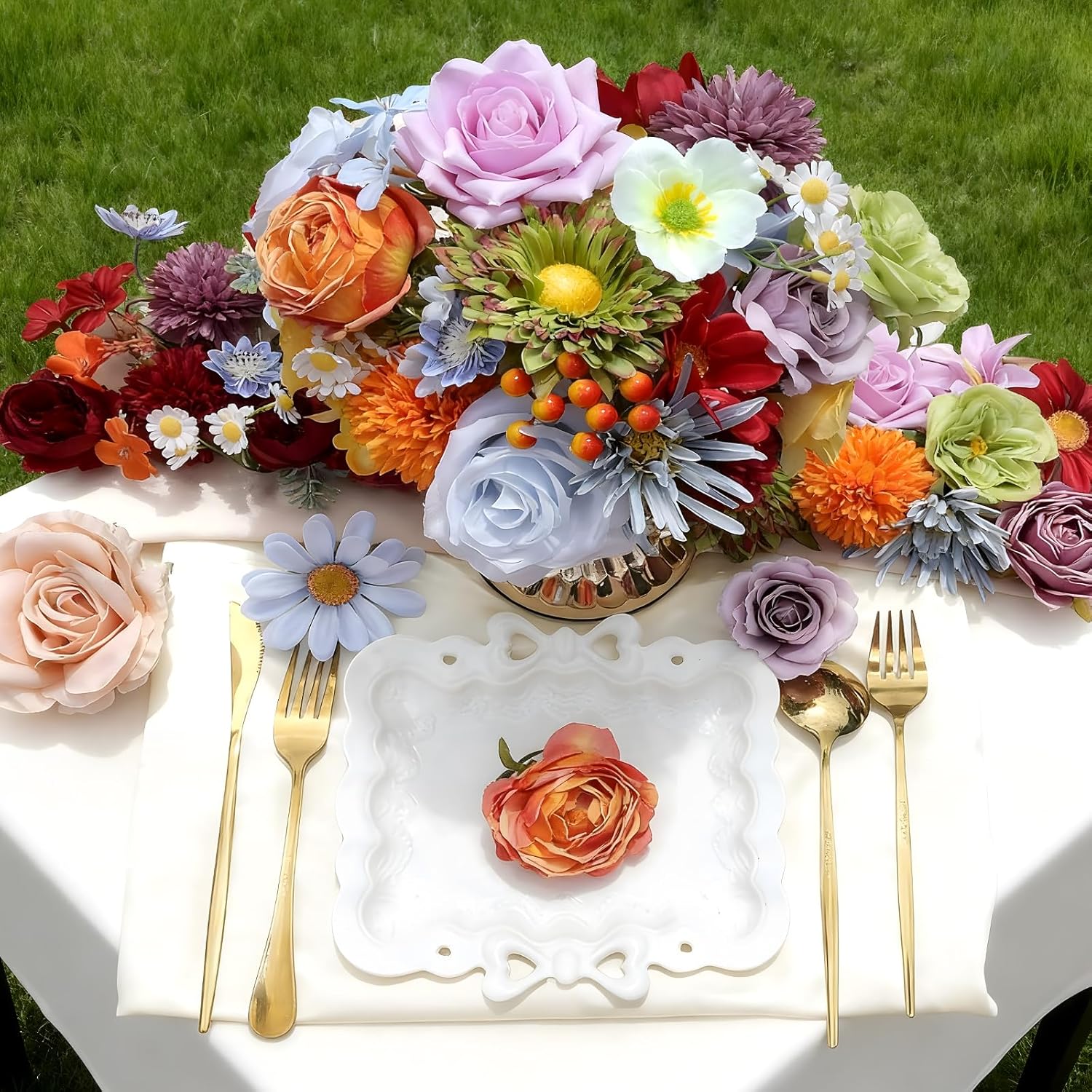 Artificial Flowers Combo Box Set, 38pcs Mix Flowers Dahlia Silk Roses, Daisy & Hydrangea with Stems for DIY Wedding Bouquets, Bridal Shower Centerpieces, Party & Home Decor, Floral Arrangement