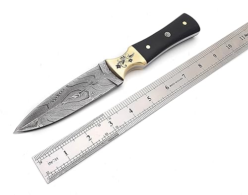 Miniatura 4 de Nooraki DK-340 Cuchillo de hoja fija de acero de Damasco hecho a mano con funda de cuero, cuchillo multiusos de espiga completa con micarta negra y